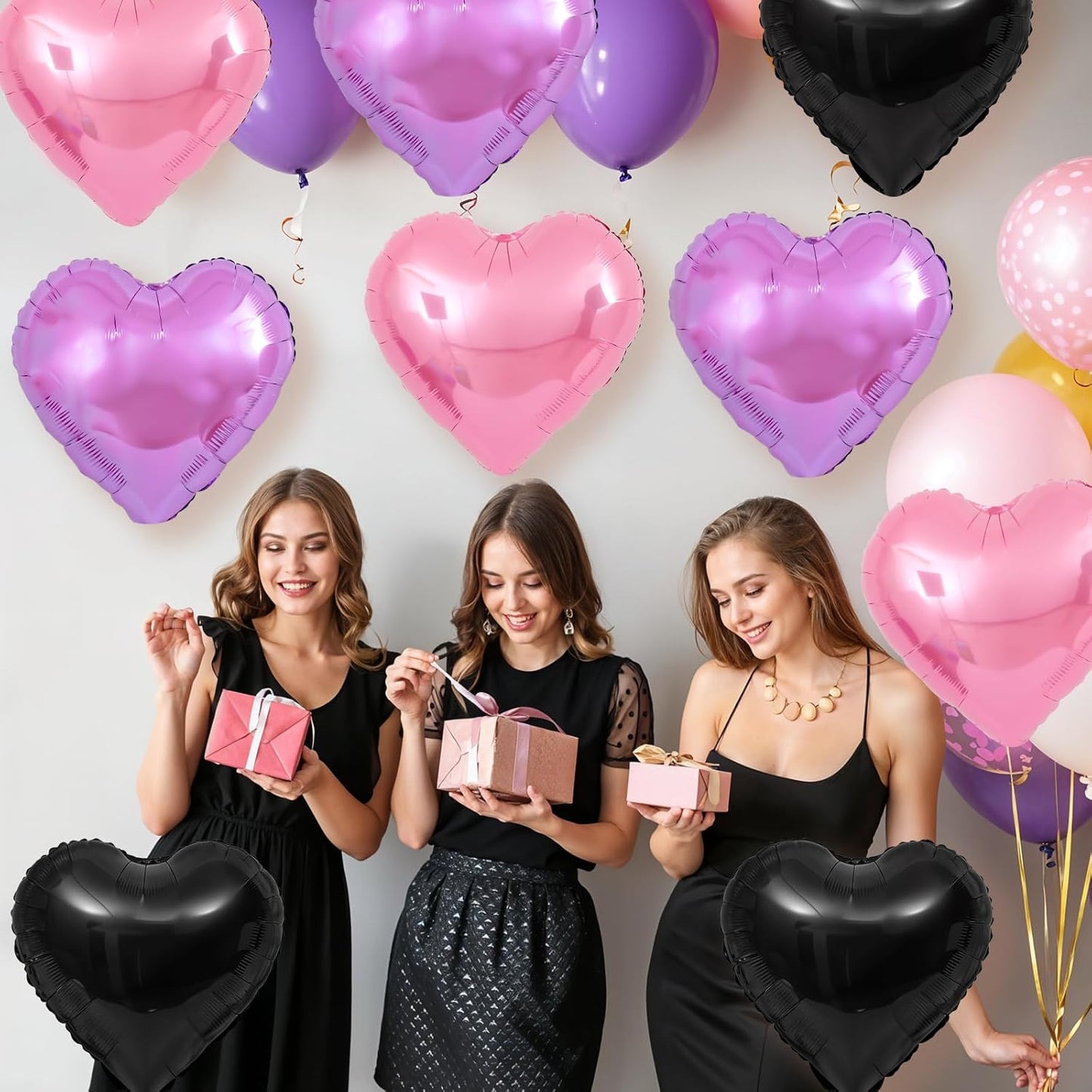 Pink Purple Heart Balloons,12Pcs Black Pink Heart Shaped Foil Balloons,18Inch Purple Pink Helium Polyester Film Balloon for Baby Shower Birthday Anniversary Wedding Party Decorations