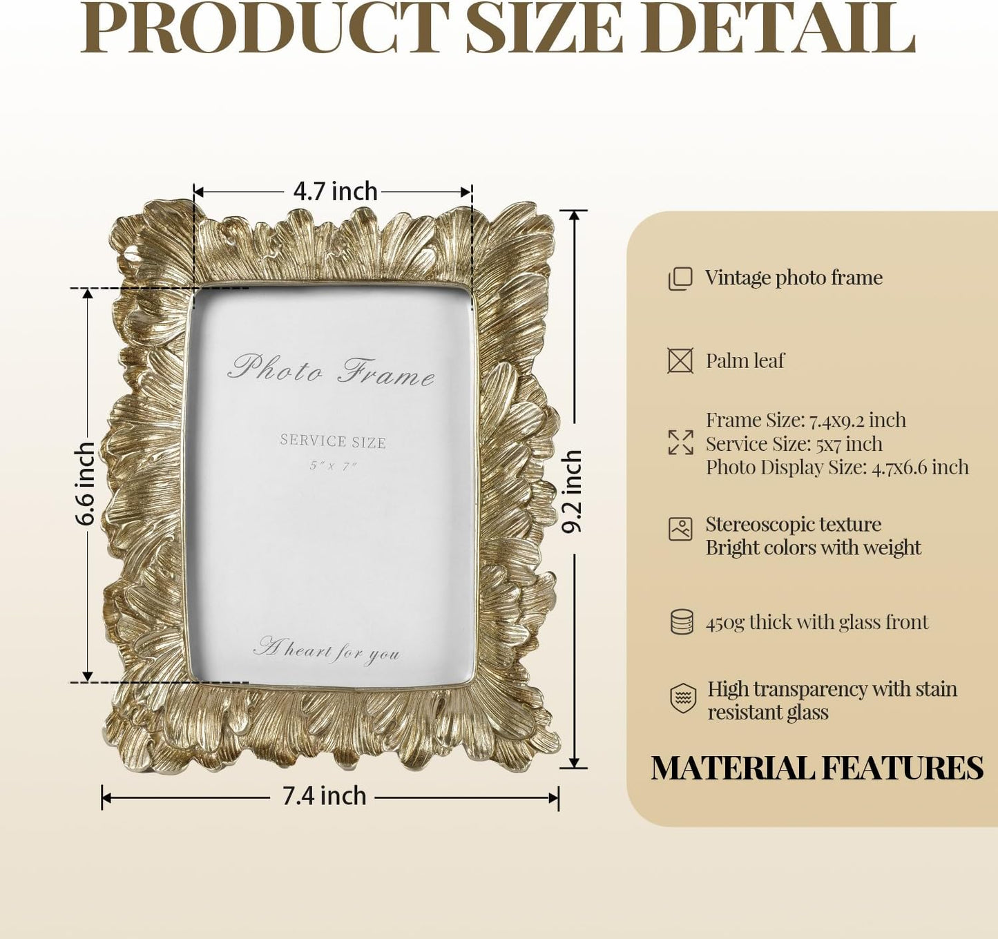 Cuspin Gold 5x7 Picture Frame, Vintage Gold Palm Leaves Textured Hand-Crafted Resin with Glass Front Elegant Retro Vintage Design Photo Frame for Wall and Tabletop Display Home Decor