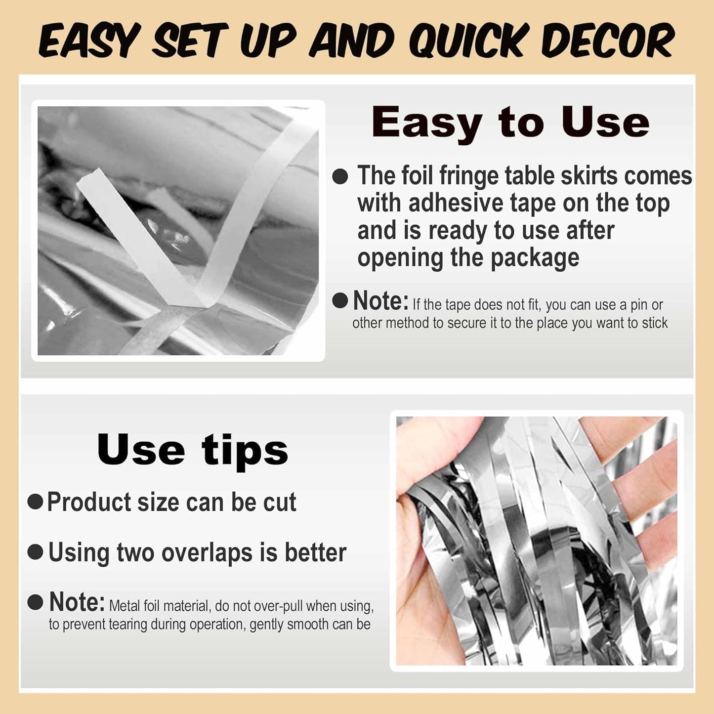 3 Pack 29 x108 Inch Silver Foil Fringe Table Skirts Metallic Banner for Tinsel Streamer Garland Backdrop for Parade Floats Mother's Day, Graduate, Birthday, Wedding Party Decoration