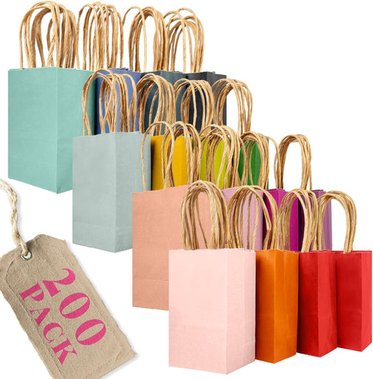 qiqee 200Pcs Paper Gift Bags with Handles - 4.5"×2.5"×6" Mini Party Favor Bags Multiple Uses - 16 Solid Colors