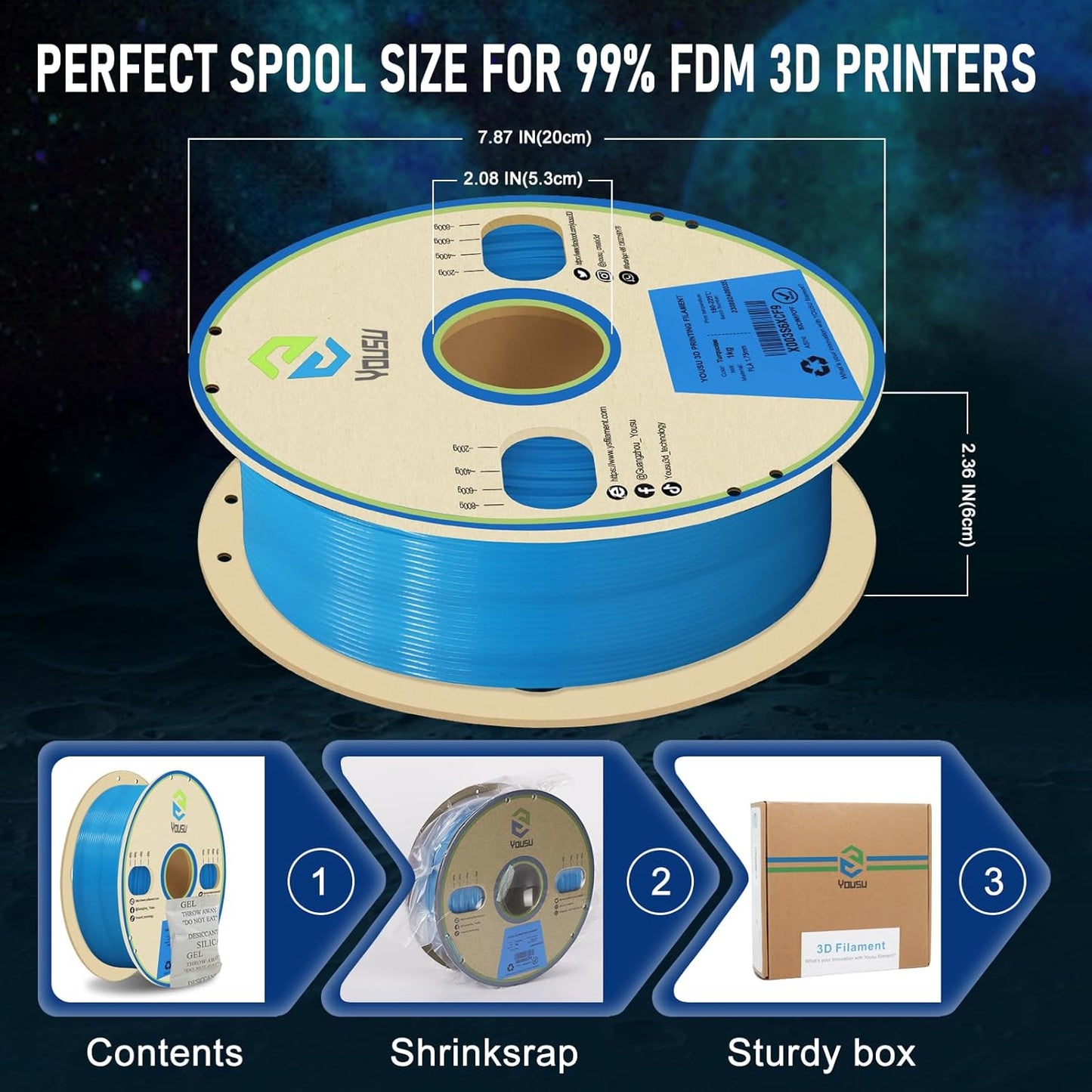 YOUSU 3D Printer Filament 1.75mm PLA Filament Glow in Dark PLA Filament for 3D Printing Filament 1kg(2.2lbs) Spool,Blue