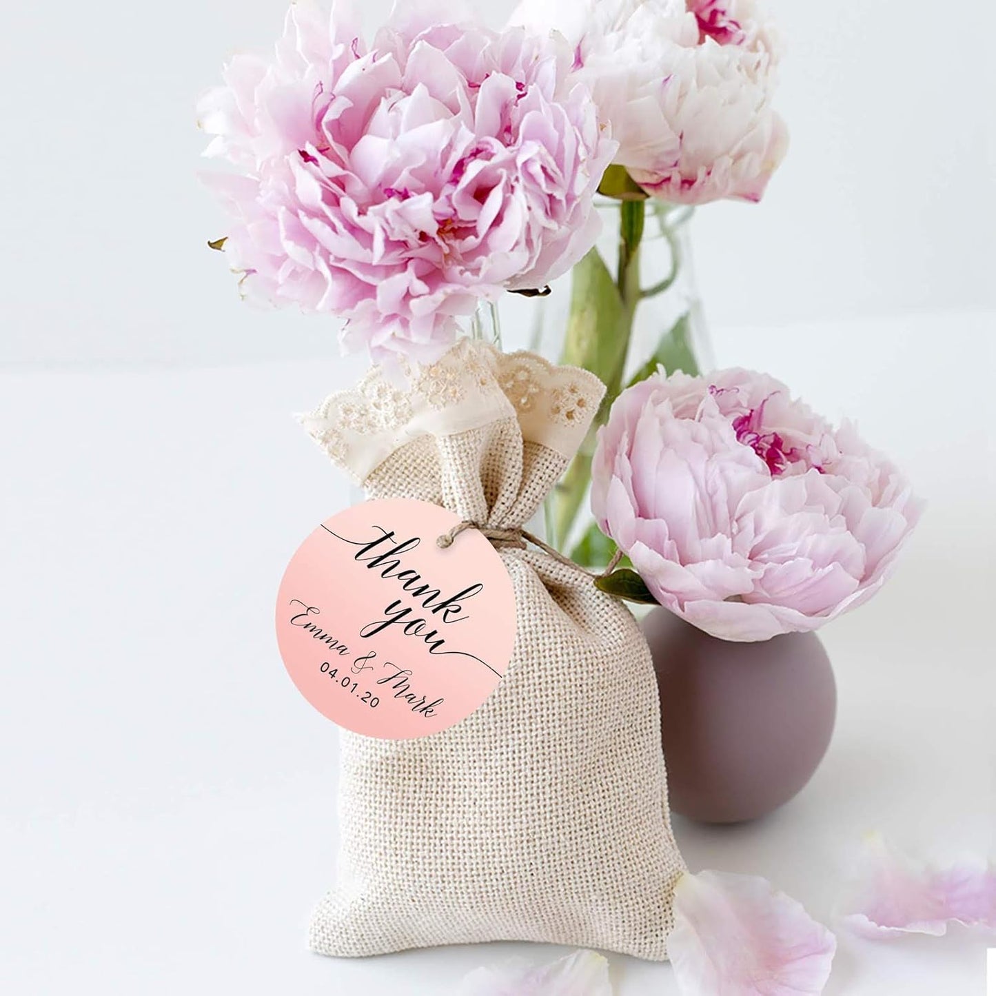 Andaz Press Personalized Blush Pink Rose Elegant Party Collection, Round Circle Tags, Thank You Olivia & John 04.14.20, 24-Pack, Custom Favors Decor
