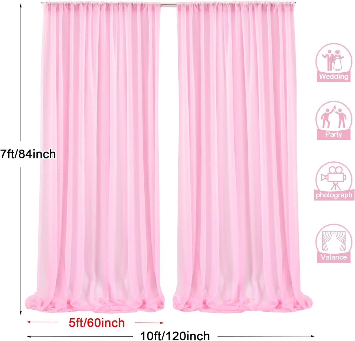 PARTISKY 10x7ft Pink Chiffon Backdrop Curtains, Wrinkle-Free Sheer Fabric Photo Drapes for Wedding Ceremony Arch Birthday Baby Shower Photography Stage Decor 5x7ft, 2 Panel
