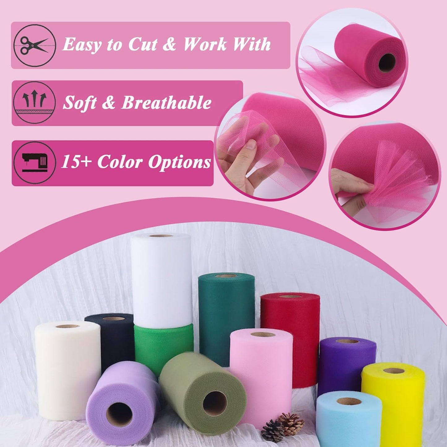 Hot Pink Tulle Fabric Roll 6” by 100 Yards (300 ft) Soft Tulle Spool for DIY Crafting Favor Supplies, Tutus, Wedding, Party Decorations, Gift Wrapping