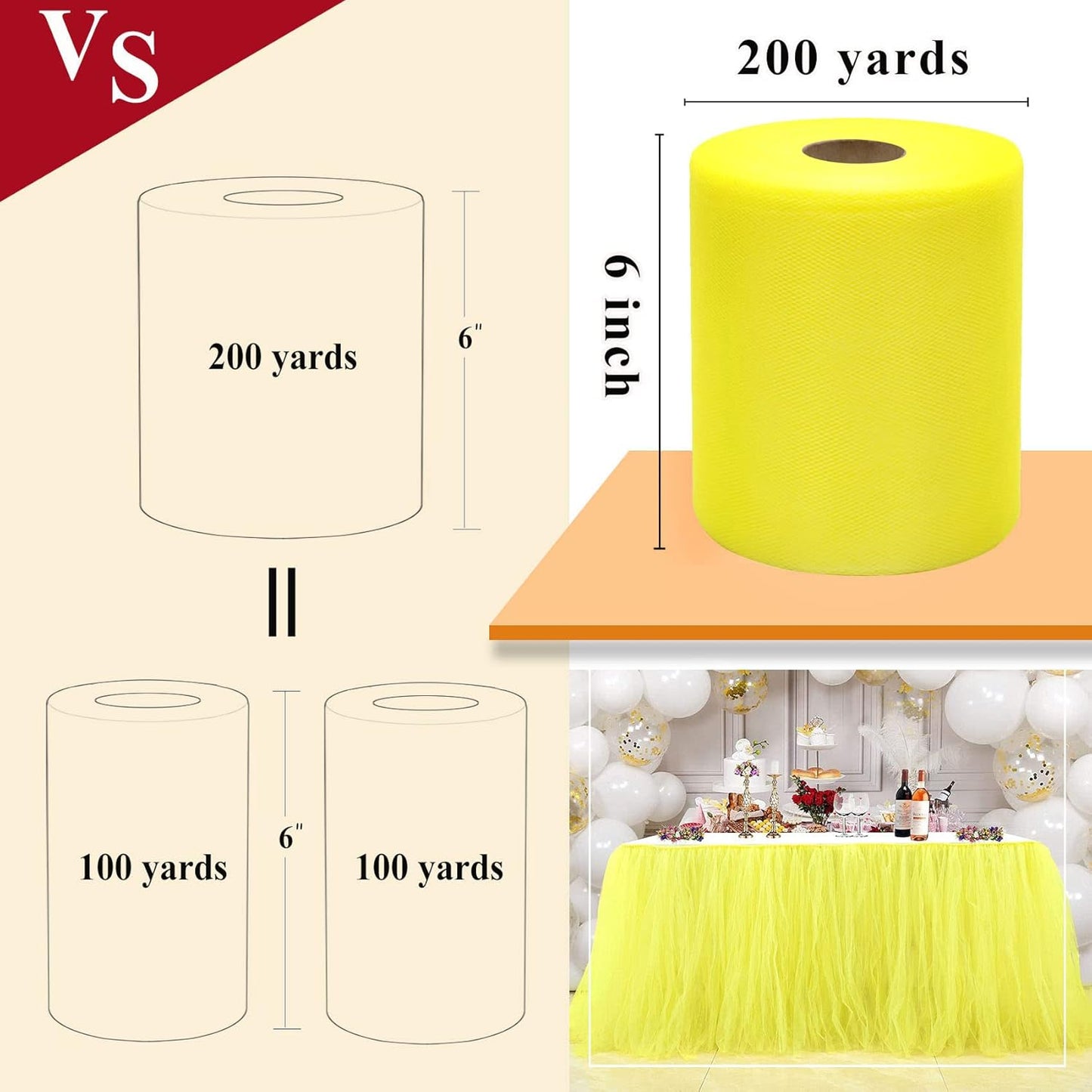 Yellow Tulle Fabric Rolls 6 Inch by 200 Yards (600 feet) Fabric Spool Tulle Ribbon for DIY Yellow Tutu Bow Baby Shower Birthday Party Wedding Decorations Craft Supplies