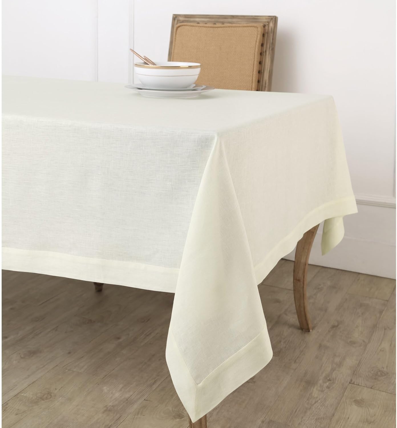 Solino Home Linen Ivory Tablecloth 52 x 52 Inch - 100% Pure Linen Square Table Throw - Fete, Machine Washable Table Cloth for Fall, Autumn, Thanksgiving, Christmas, Holiday