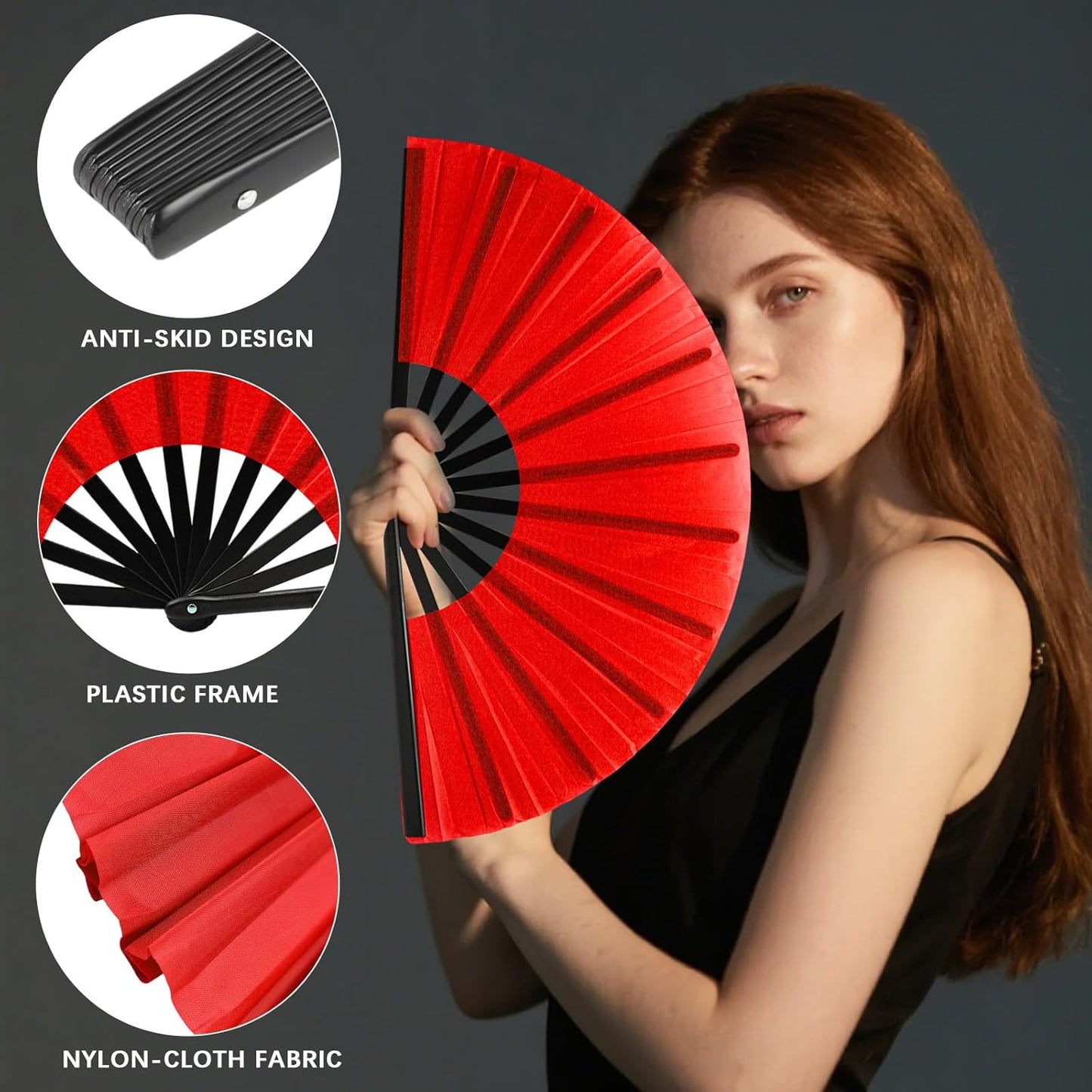 13inch Large Rave Fan Popping Clacking Fans for Line Dancing,Hand Fans for Women Foldable,Boots on The Ground Fan,Portable for Outdoor,Wedding,Party,Decoration (4pcs red)
