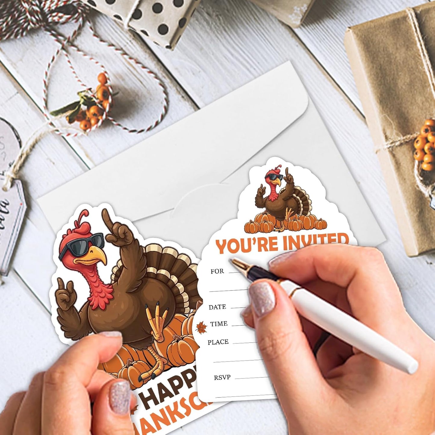 REWIDPARTY 15 Sets Thanksgiving Party Invitations with Envelopes Stickers, Pumpkin Turkey Shaped Fill-in Invitation Cards, Thanksgiving Dinner Invites, Funny Fall Party Supplies for Family Friend