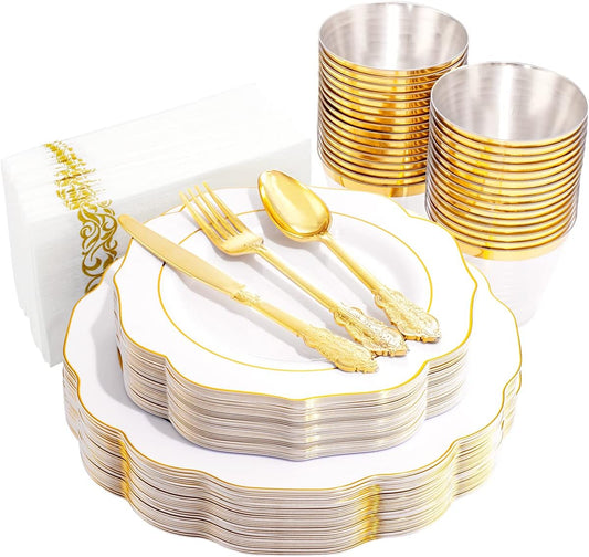 NOCCUR 175PCS Gold Plastic Plates with Disposable Silverware - White Gold Plastic Tableware Include 25 Dinner /25 Dessert Plates, 75 Cutlery, 25 Cups, 25 Napkins - Ideal for Fall Party&Thanksgiving
