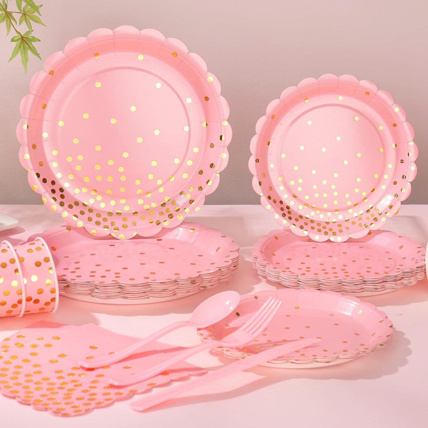 175 Pink Rose Gold Plates Napkins Party Decorations, Pink and Gold Disposable Party Supplies, Plastic Forks Knives Spoons Rose, Golden Dot Paper 9 Inch for Baby Shower Birthday, Severs 25