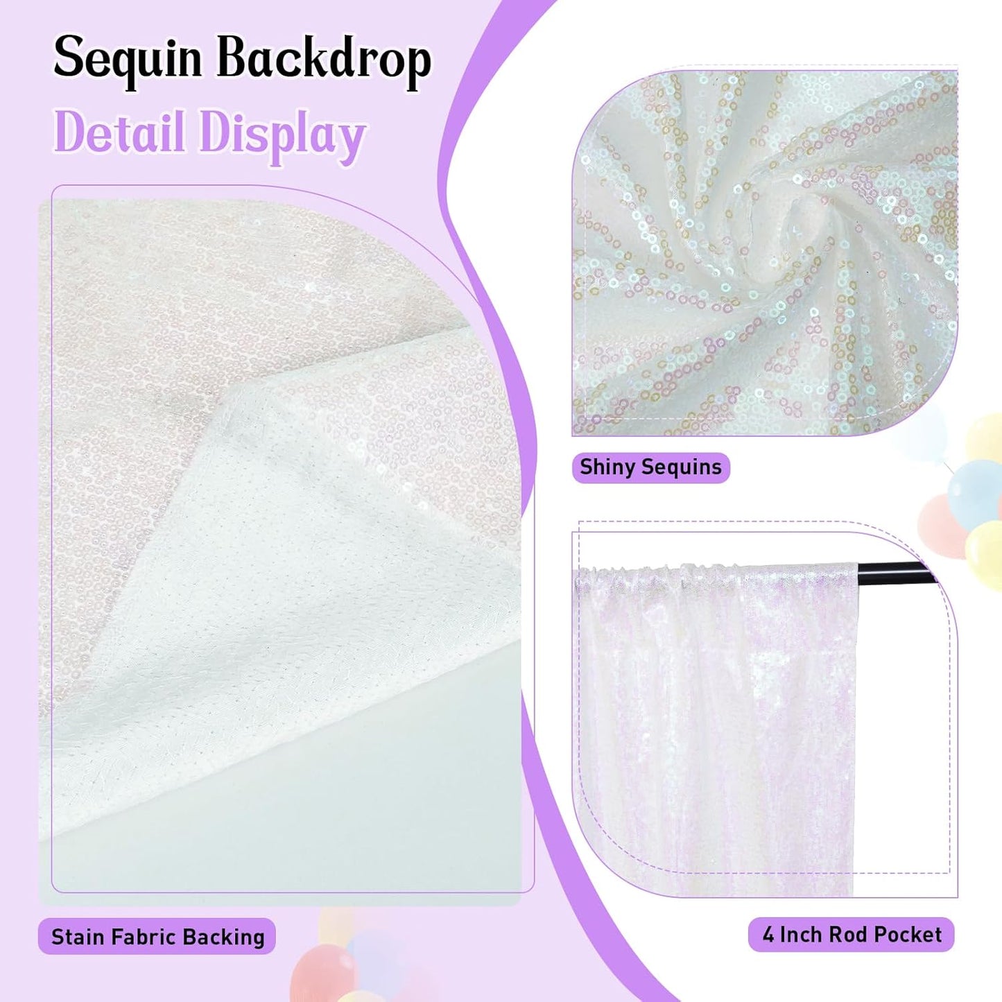 SquarePie Sequin Backdrop Curtain Not See Through Thick Glitter Background for Party 6FT x 8FT Iridescent