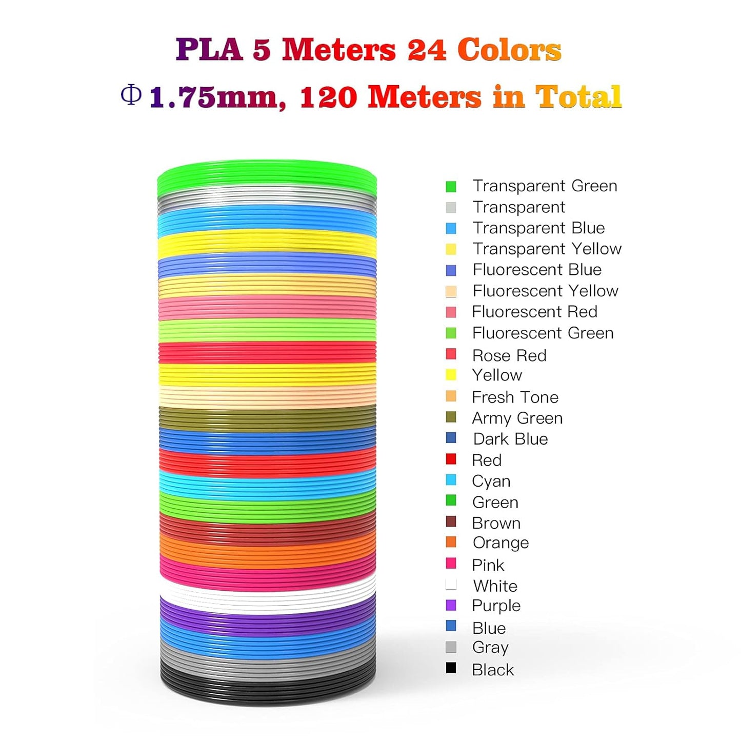 24 Assorted Colors 3D Pen Filament Refills PLA 1.75mm, Each Color 5 Meters (16 Feet), dikale 3D Printing Pen Filament Packs for Kids, Total 120 Meters-Bonus 250 Stencils eBooks