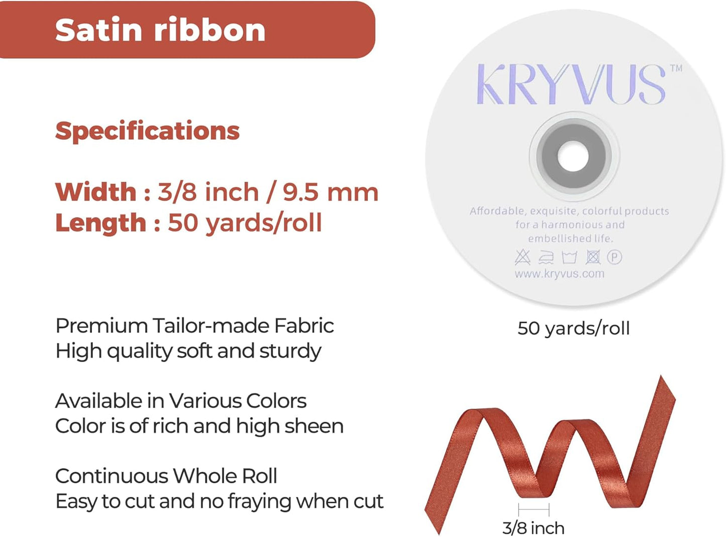 Copper Satin Ribbon 3/8 inch X Continuous 50 Yards, Single Face Polyester Ribbon Perfect for Gift Wrapping, Flower Bouquet, Wedding Decor, Crafts, Bow Making, Sewing and More