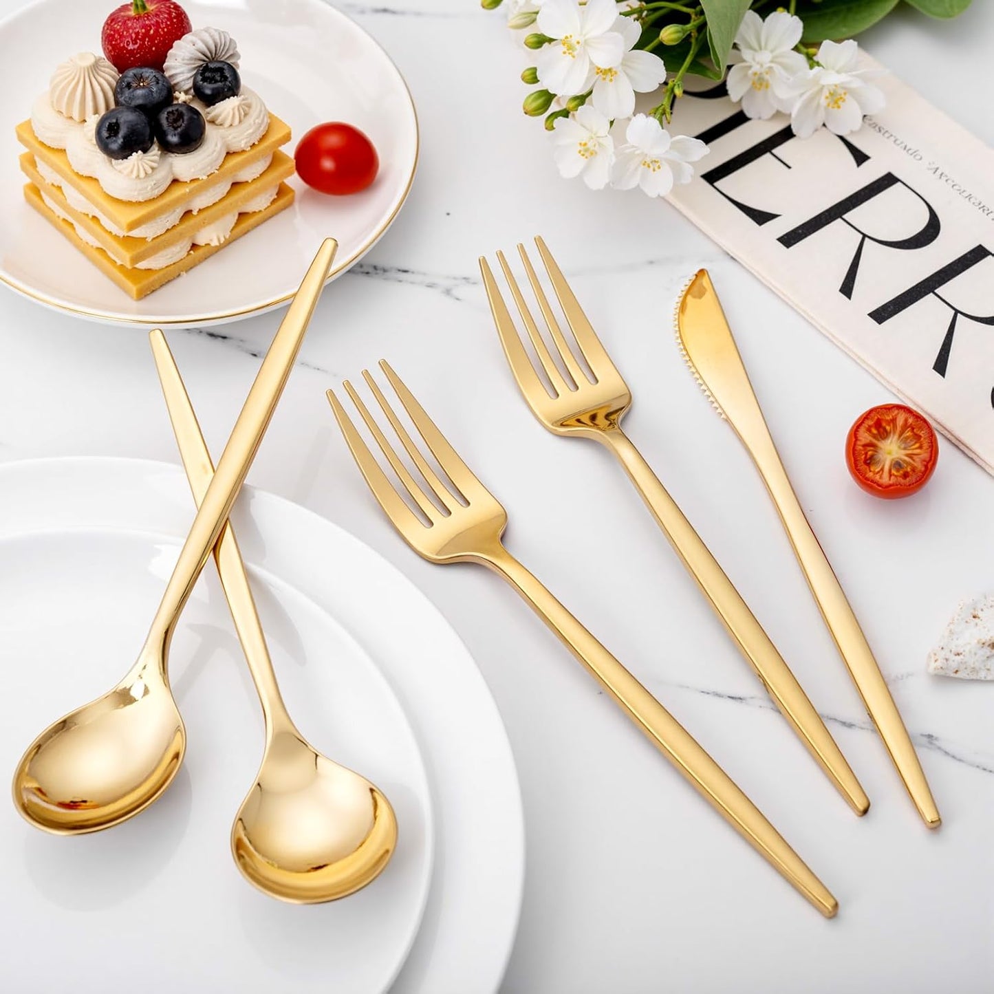 PULOTE 300PCS Gold Plastic Silverware Set Disposable - Heavy Duty Gold Utensils Set - Plastic Cutlery Disposable - Include 100 Knives, 100 Forks, 100 Spoons for Party & Wedding