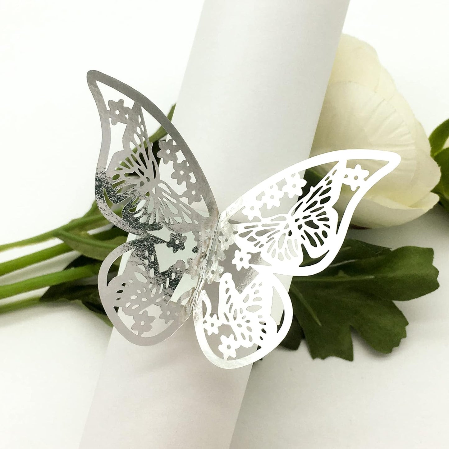 Butterfly Silver Paper Napkin Rings Set of 100 pcs，3D Laser Cut Foil Cutout Paper Napkins Holder,Disposable Serviette Rings for Tables,Decorations,Wedding,Dinner,Party Decor (Silver)