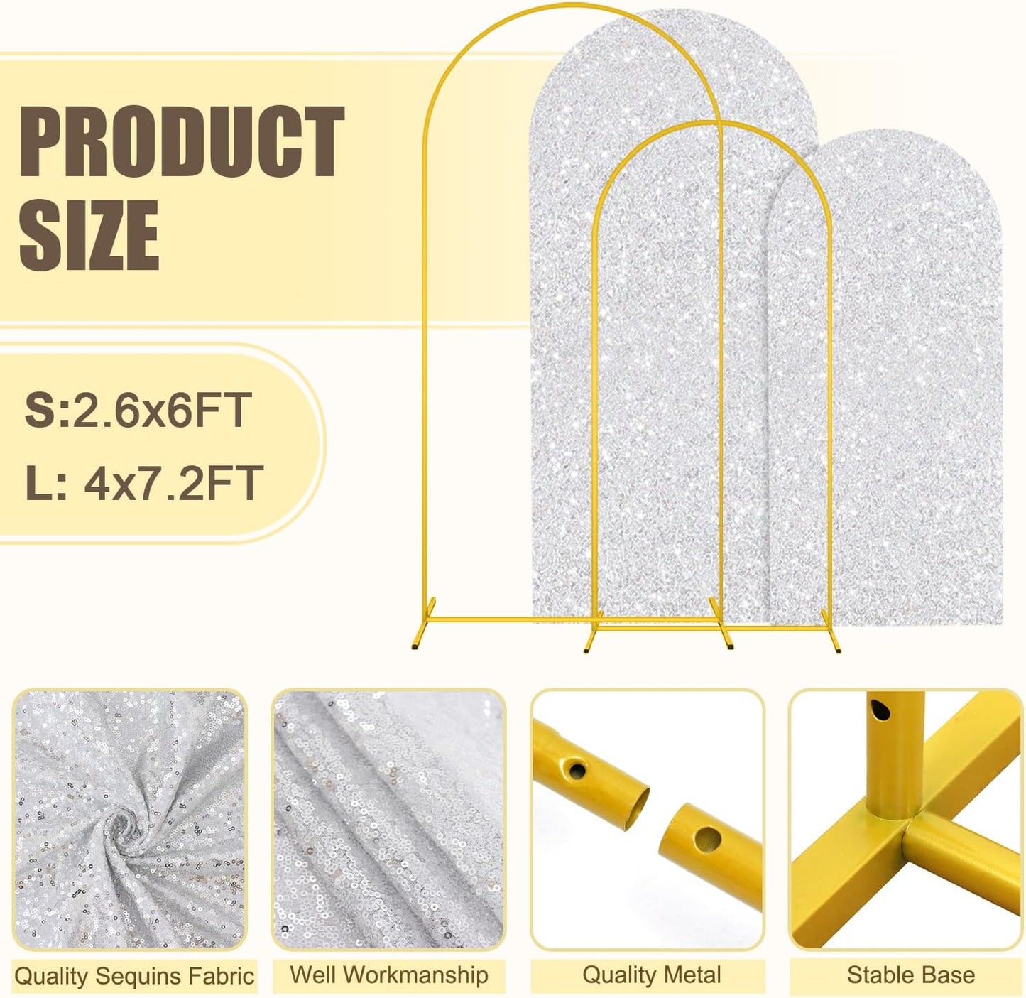 MODFUNS Metal Arch Backdrop Stand and Cover Set 6&7.2ft Silver Sequins Arch Cover Set of 2 Metal Arch Frame with Covers Balloon Arch Stands for Wedding Ceremony Banqet Party Reception