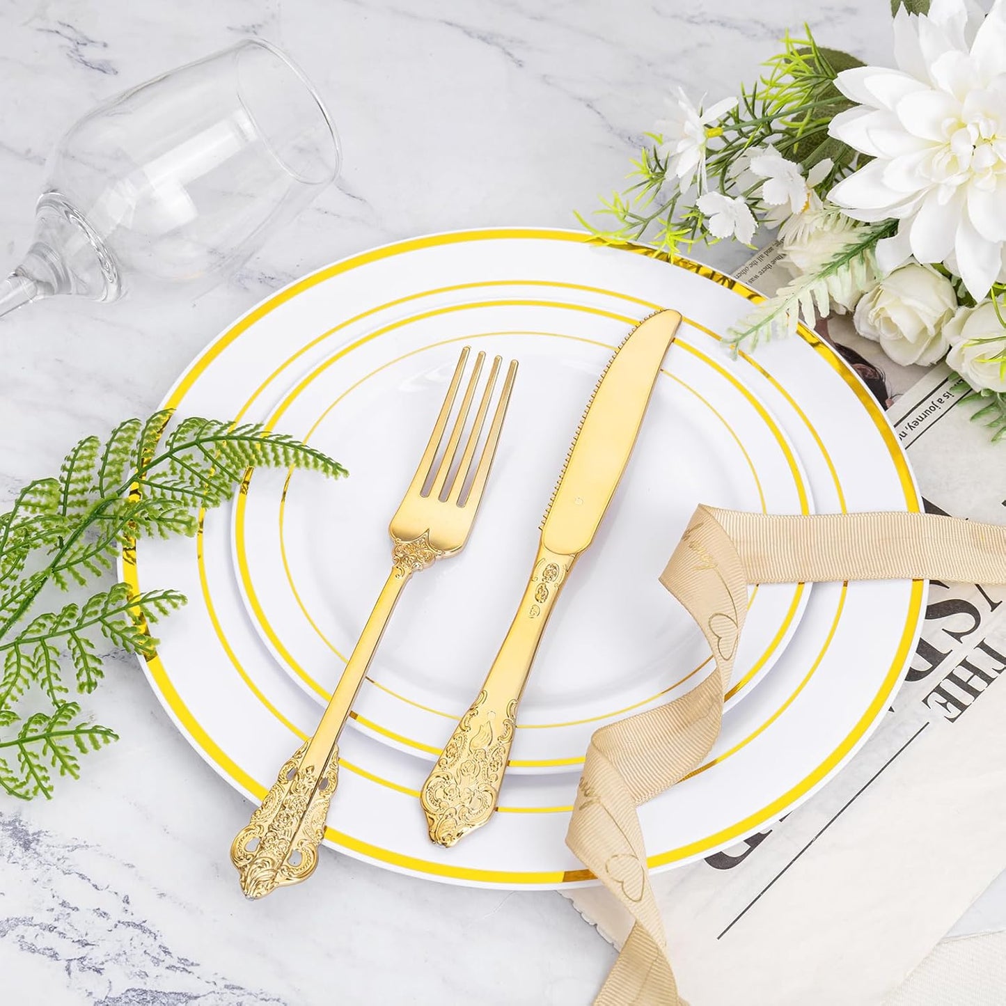 WDF 120PCS Gold Plastic Silverware - Heavy Duty Gold Plastic Cutlery Set Disposable Utensils - 40 Forks, 40 Spoons, 40 Knives, Perfect for Thanksgiving Party/Weeding and Daily Use