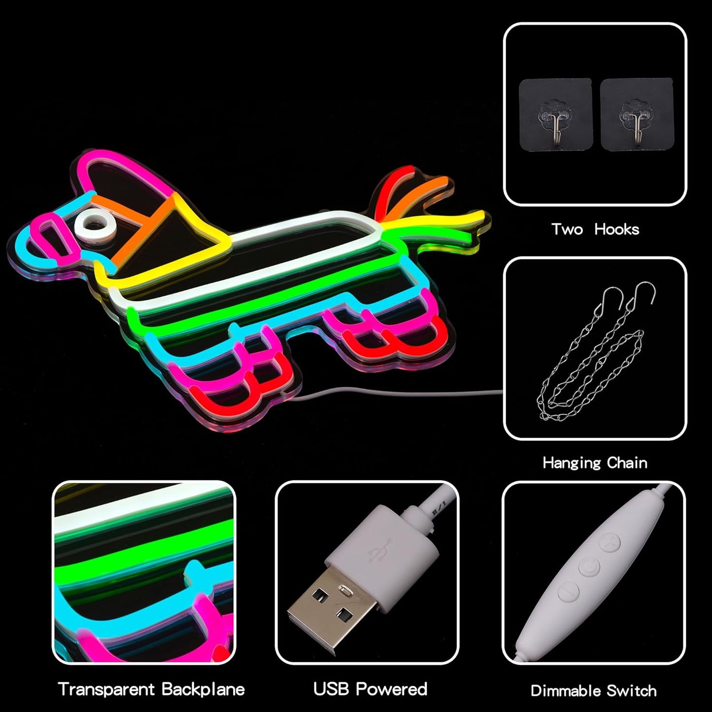 Pinata Neon Sign - Happy Birthday Neon Light for Wall Decor Mexican Colorful Horse Neon Signs with USB Power Neon Light for Bedroom Party Supplies Dimmable Design