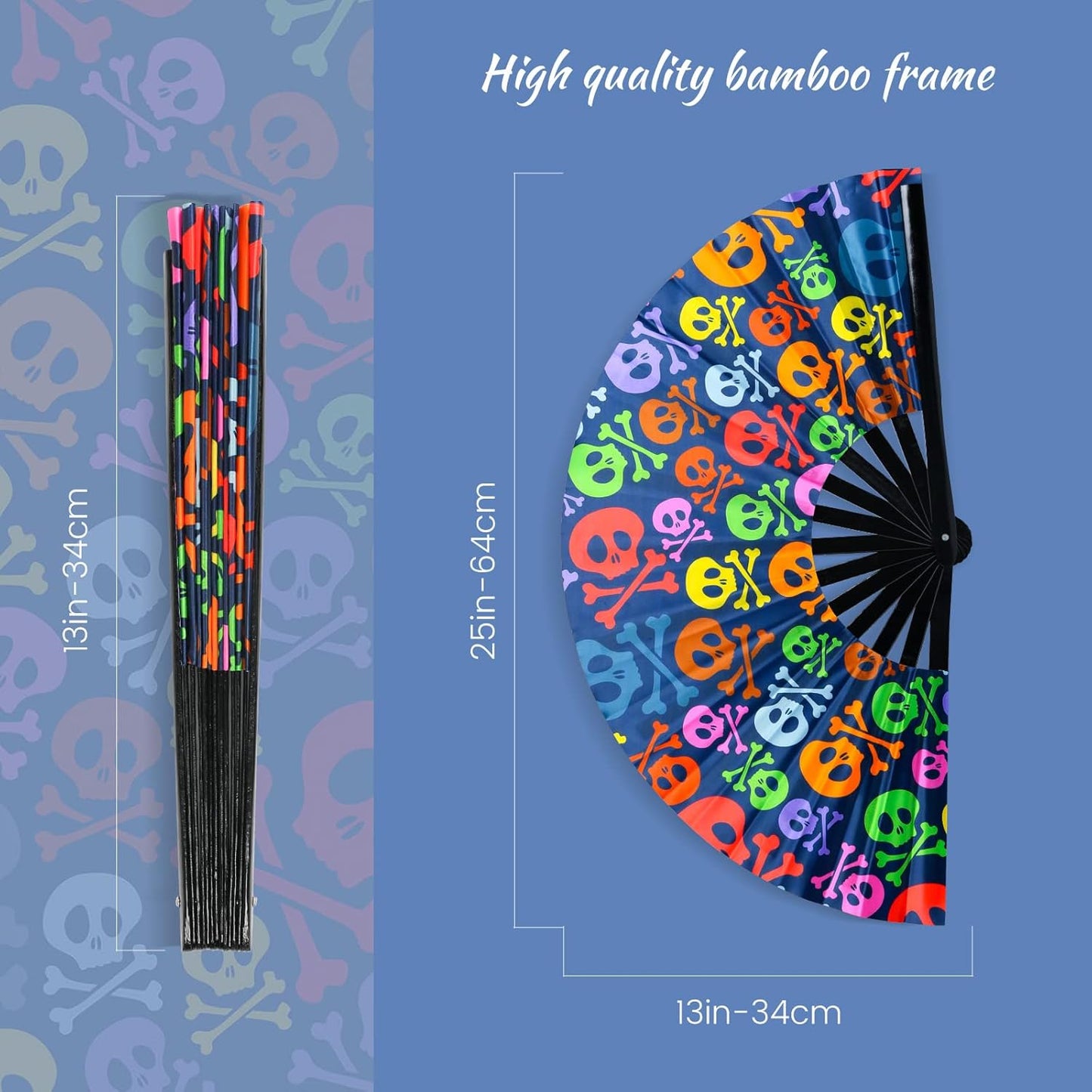 SYNTECSO Folding Hand Fan for Rave, UV Glow Fan, Large Bamboo Fan for Drag Queen, Women and Men Gift，Chinese Japanese Clack Fan for Parties, Music Festivals, EDM and Decoration