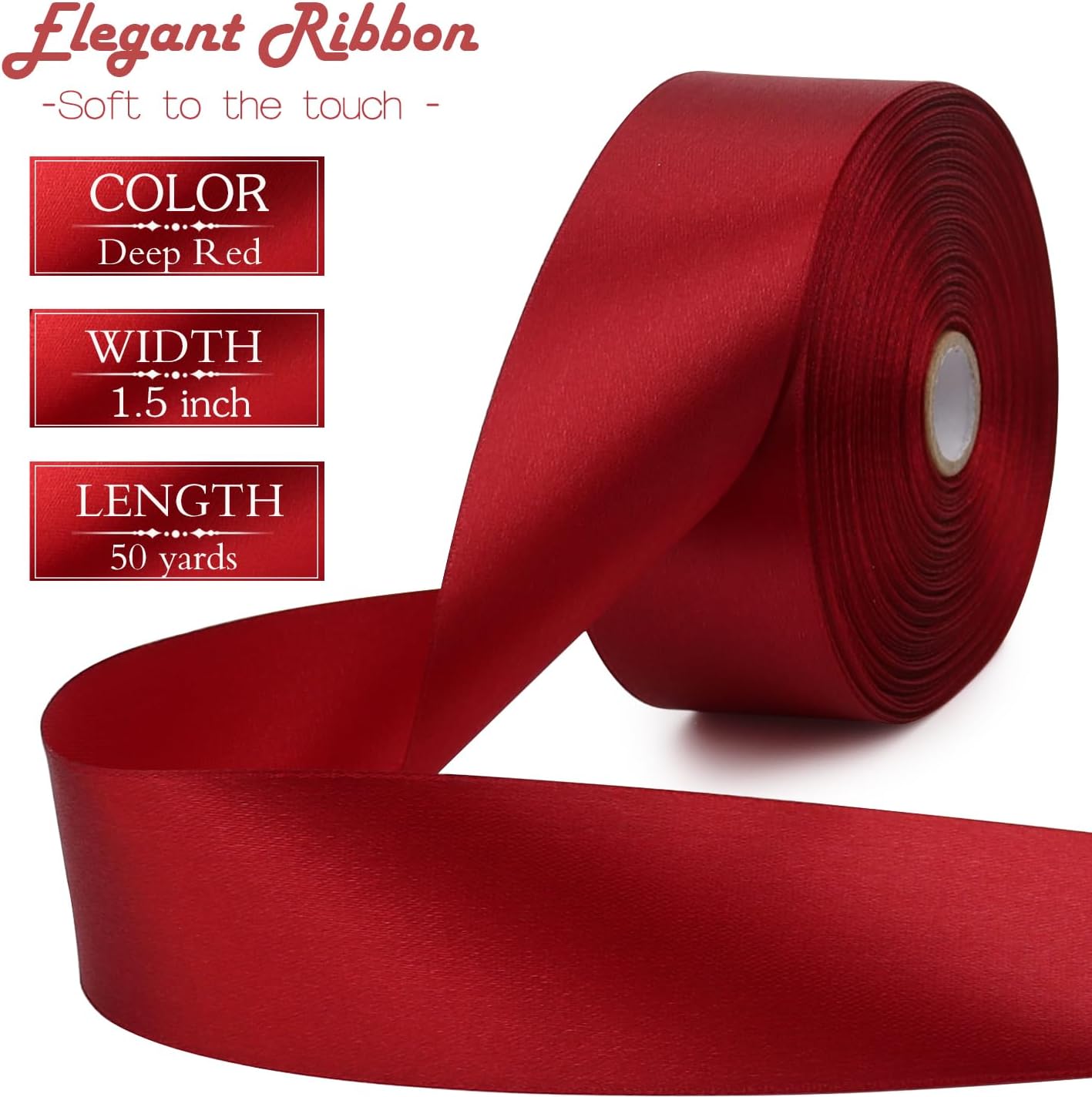 Deep red Solid Satin Ribbon 1-1/2 Inch 50 Yards Solid Polyester Fabric Ribbon for Gift Wrapping Wedding Christmas Baby Shower Birthday Party Decoration Handmade Immortal Flower Craft