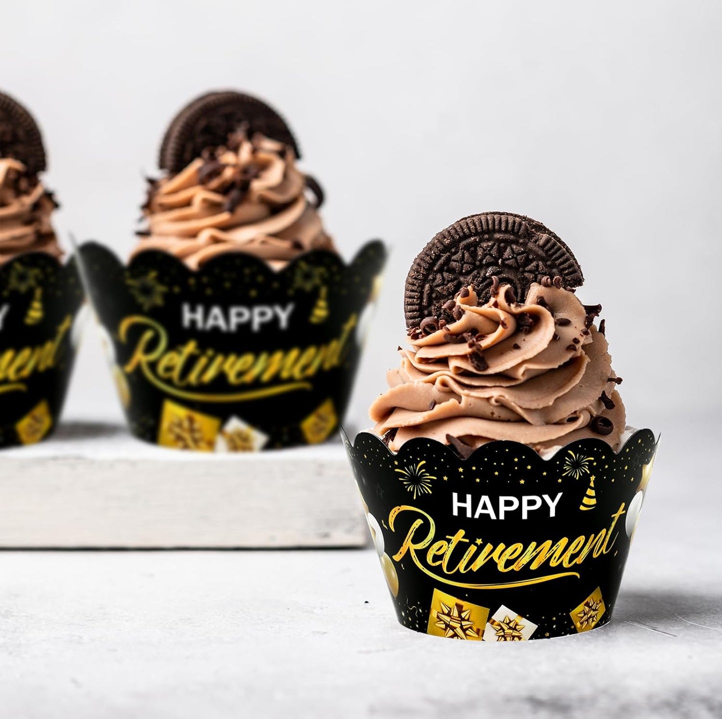 Whaline 36Pcs Happy Retirement Cupcake Wrappers Black Gold Retirement Cupcake Liners Decorative Cupcake Holders for Party Cake Dessert Decoration
