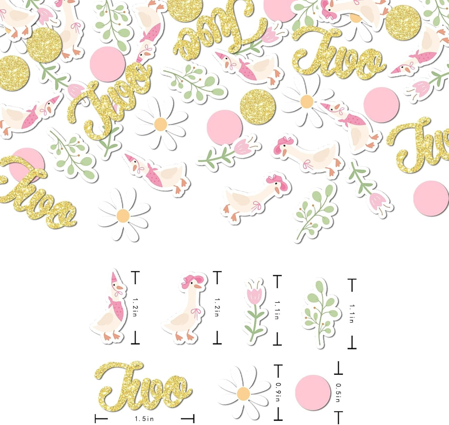220PCS Two Silly Goose Birthday Decorations for Girl, Goose Dot Leaves Flower 2nd Birthday Confetti for Pink and Gold 2 Year Old Bday Decor