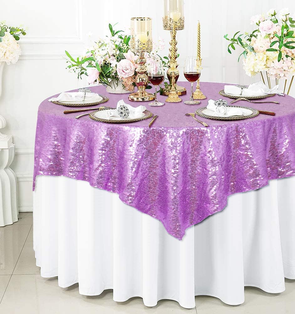 ShinyBeauty 72x72 Inch Square Sequin Tablecloth Overlay - Lavender Shimmer Wedding Table Cover for Cocktail Party, Light Purple Sparkling Cake Table Decoration