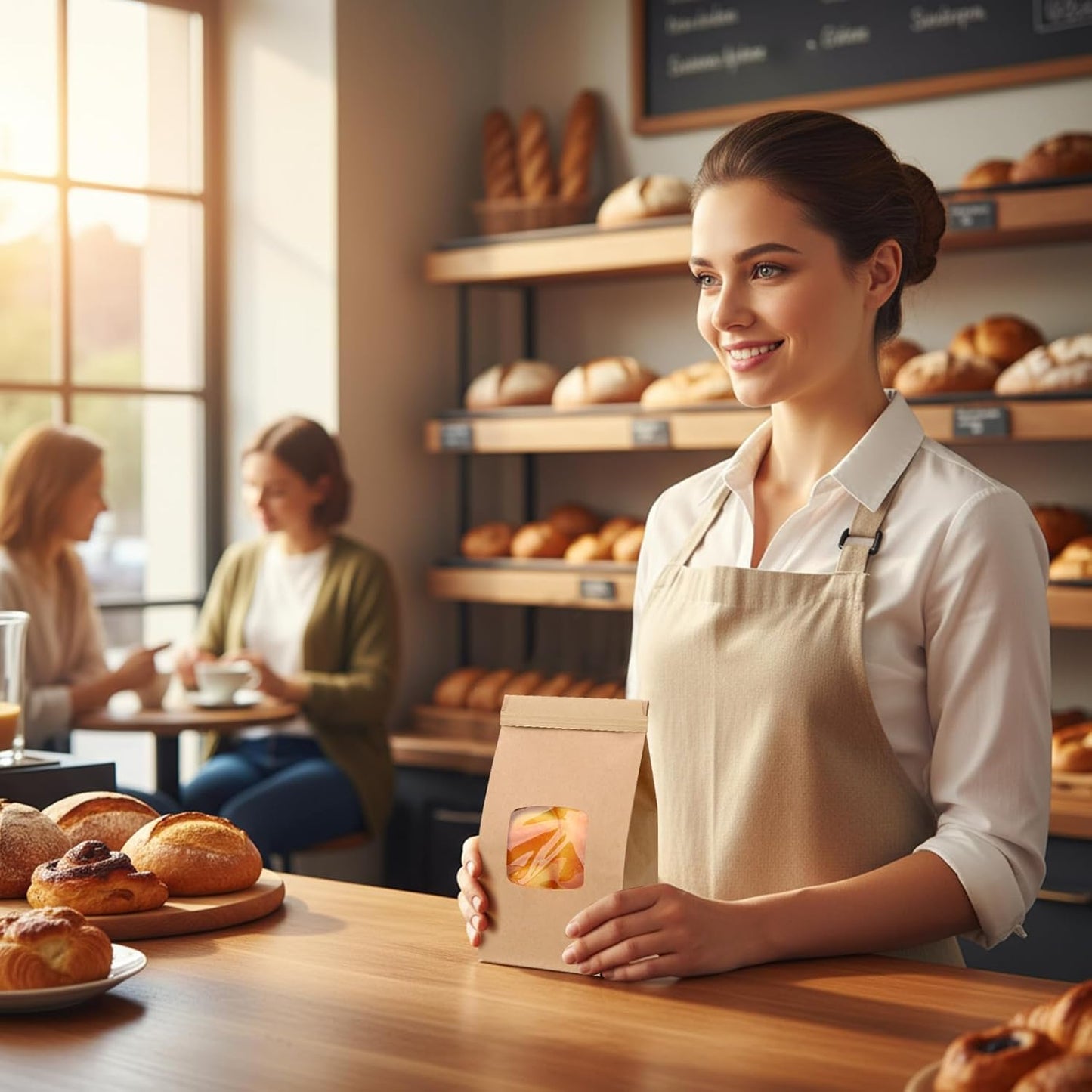 Moretoes 55pcs Small Bakery Bags with Window, 3.54x2.36x6.7in Tin Tie Tab Kraft Paper Bags for Cookie Coffee Bread Bakery Packing