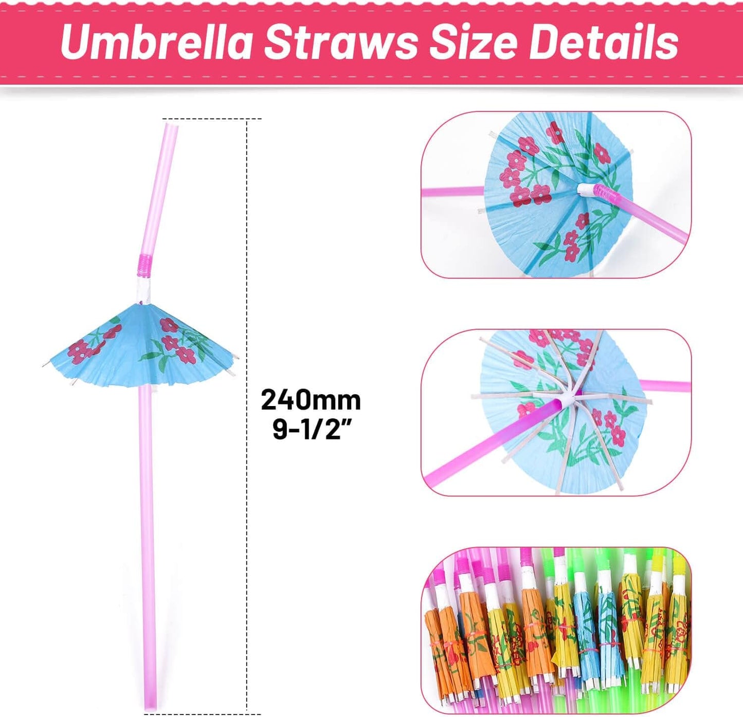Paxcoo 50pc Umbrella Straws for Cocktails, Tropical Hawaiian Luau Party Decorations (Assorted Colors)