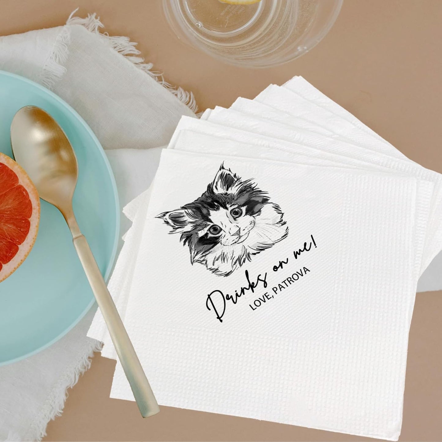 Custom Pet Cocktail Napkins for Wedding, Personalized Photo Napkins for Cat, Custom Wedding Cocktail, Bridal Shower, Engagement Party