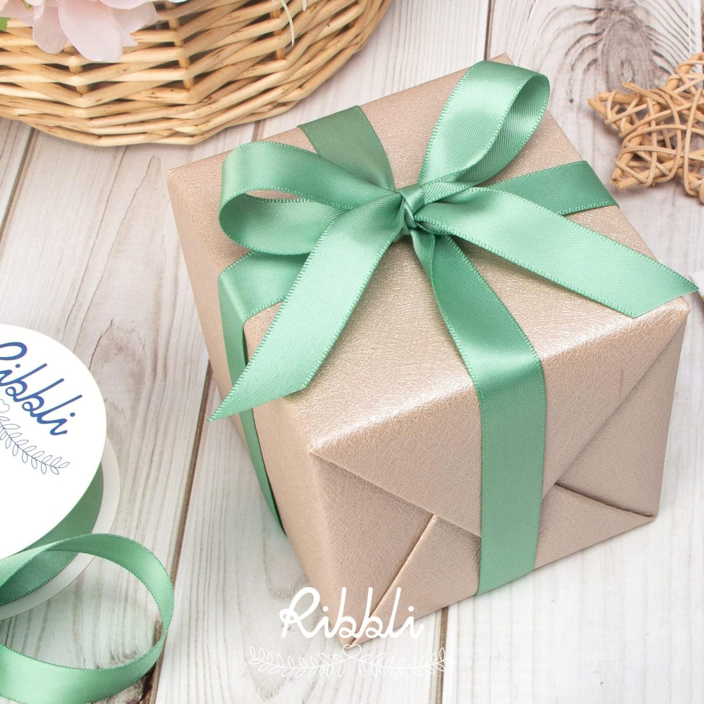 Ribbli Sage Green Satin Ribbon,Double Faced Satin 1 inch x Continuous 25 Yards,Use for Bows Bouquet,Gift Wrapping,Wedding Decoration,Floral Arrangement