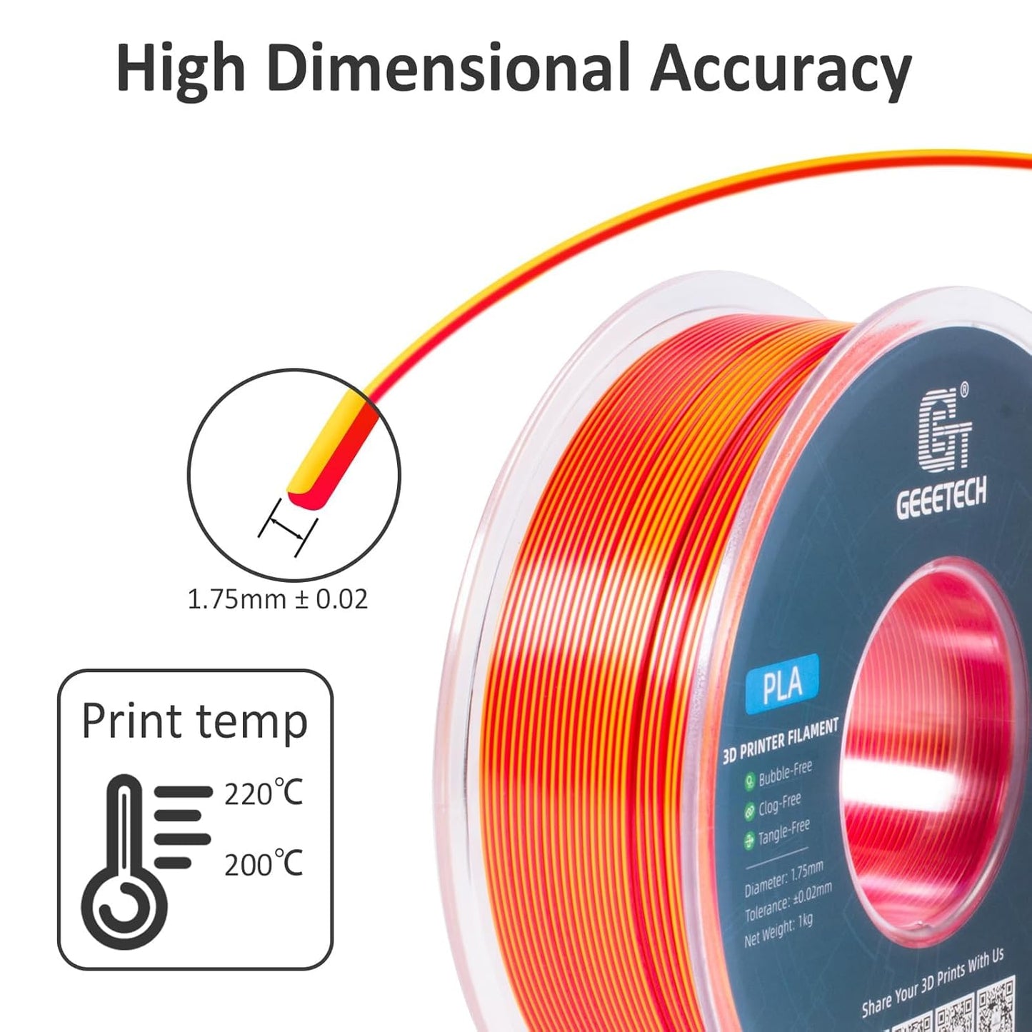 Geeetech Silk PLA Filament 1.75mm Silk Dual Color Filament, Coextrusion Dichromatic Metal-Like Shiny Consumable 1kg (2.2lbs) 1 Spool, Dimensional Accuracy +/- 0.02 mm, Gold Red