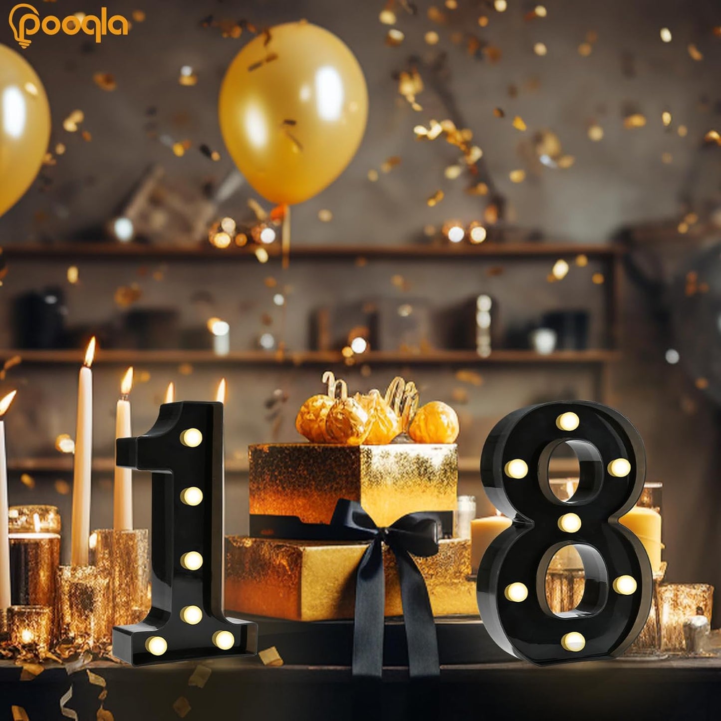Pooqla Decorative Led Light Up Number Letters, Black Plastic Marquee Number Lights Sign for 18th Birthday Party Wedding Decor Battery Operated Black Decoration 18