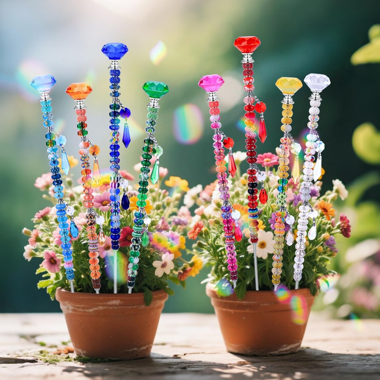 DIY Fairy Wand Garden Stake Beads Kits with Rainbow Colorful Assortment Large Hole Beads, Beaded Garden Stakes kit with Crystal Diamond Top (238Pcs Rainbow+Diamond)