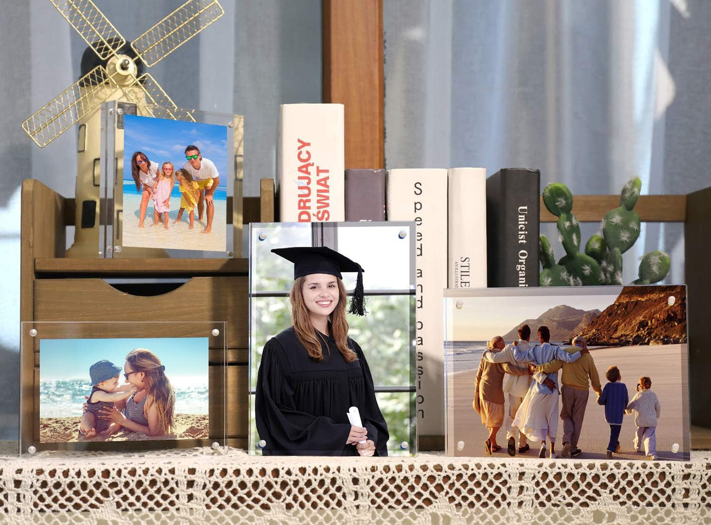 HELPLEX Acrylic Frames, 2 Pack 8x10, 24mm Thicker Frameless Clear Frame, Double Sided Magnetic, Free Standing Desktop Display