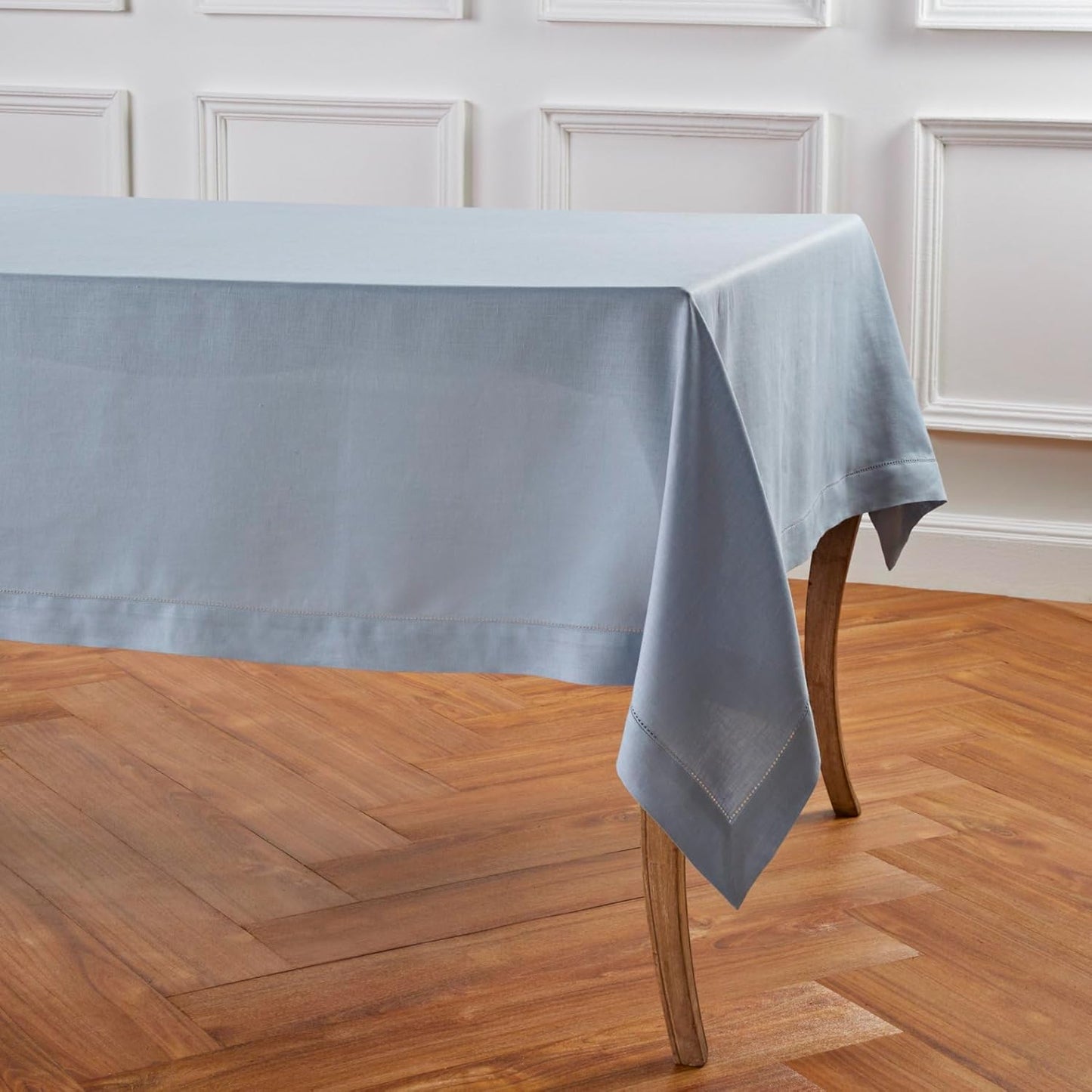 Solino Home Dusty Blue Linen Tablecloth 60 x 108 Inch - 100% Pure Linen Hemstitch Table Cloth for Rectangle Tables - Classic Hemstitch, Machine Washable Tablecloth for Fall, Autumn, Thanksgiving