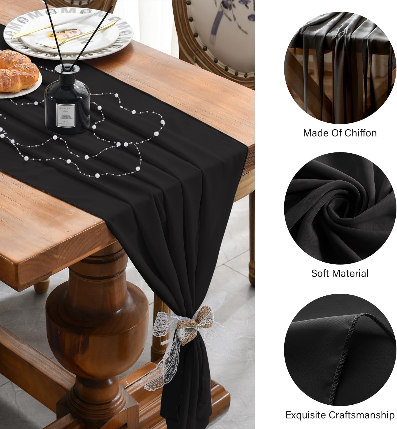 2 Pack 10 Ft Chiffon Table Runner Black Gauze Long Table Runners 27x120 Inches Sheer Tulle Table Runner for Rustic Wedding Reception Bridal Shower Decorations Birthday Party