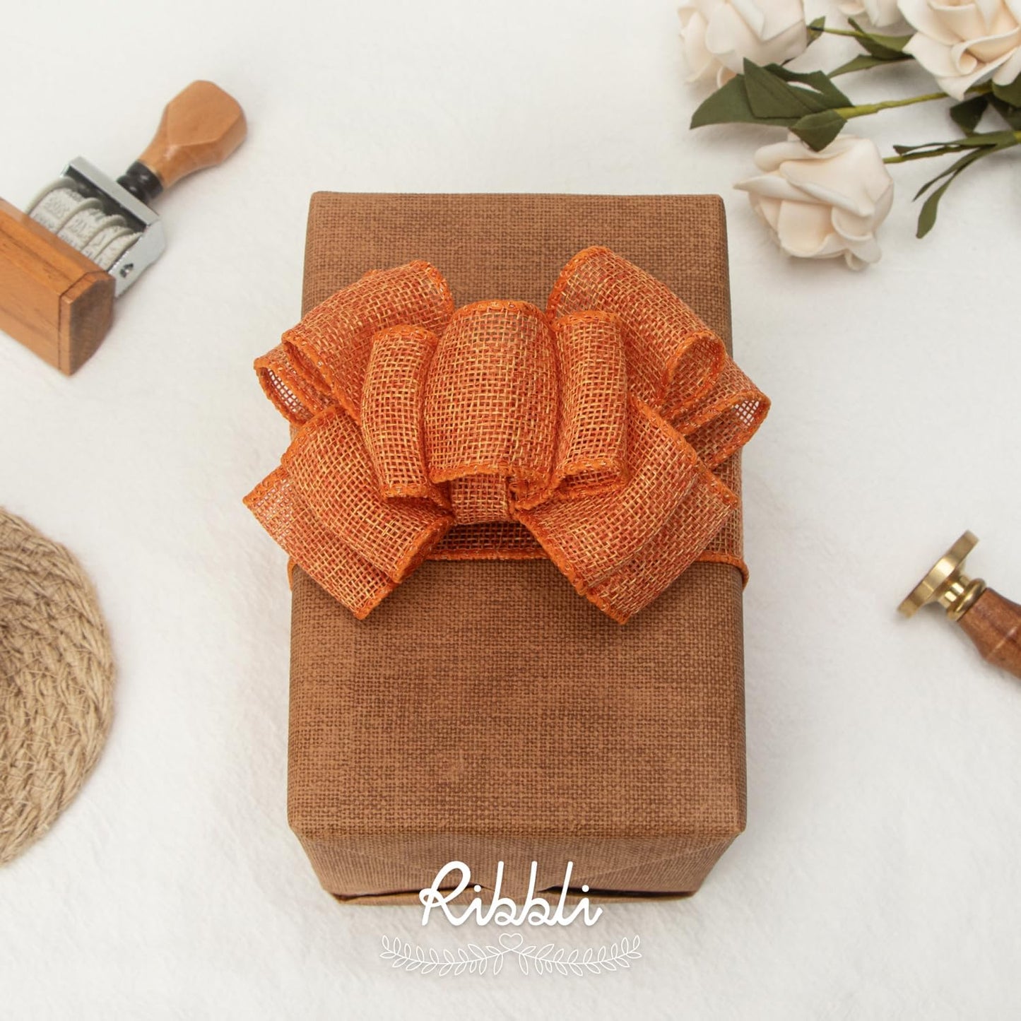 Ribbli Orange Burlap Wired Ribbon,1-1/2 Inch x 10 Yard,Wired Edge Ribbon for Big Bow,Wreath,Tree Decoration,Outdoor Decoration