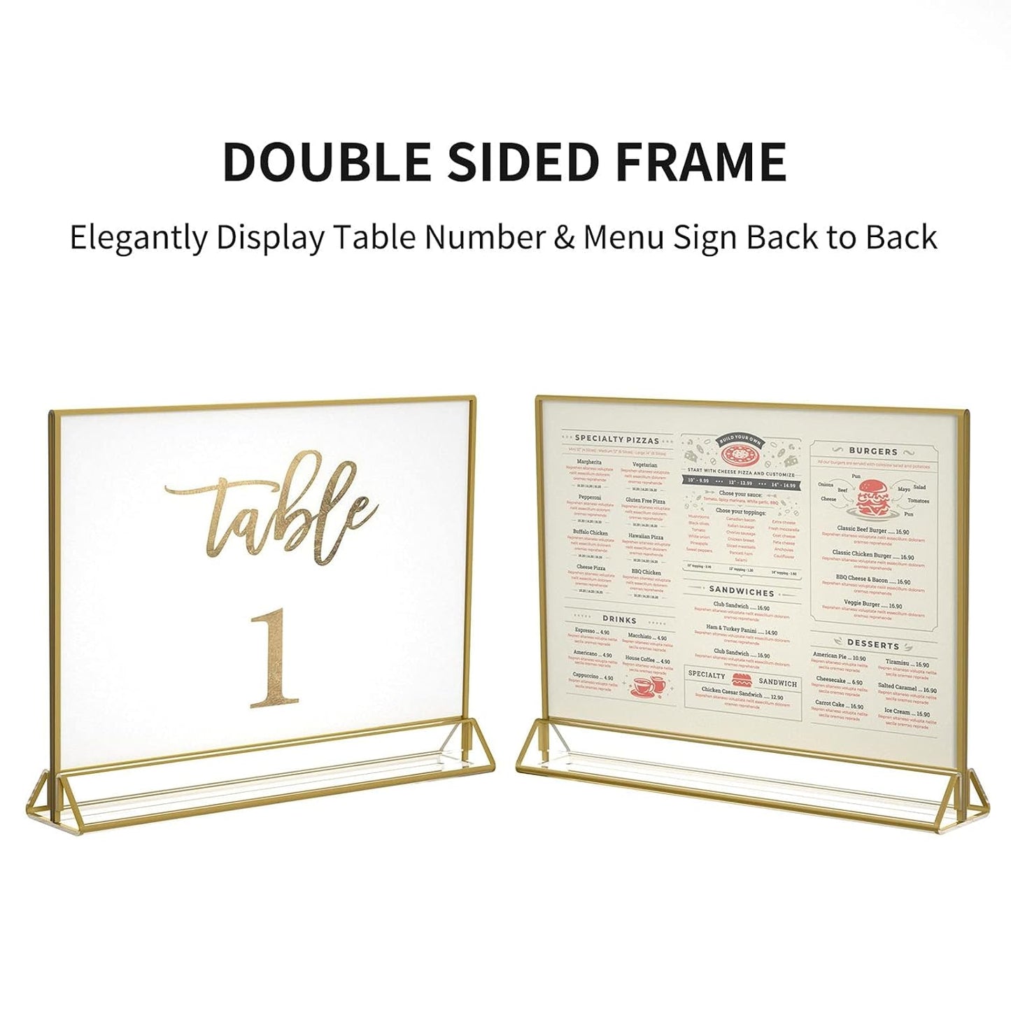 NIUBEE 6Pack 11 x 8.5 Acrylic Sign Holder with Gold Frames and Vertical Stand, Ideal for Display Wedding Table Numbers, Double Sided Picture, Clear Photos, Menu Holders -Horizontal