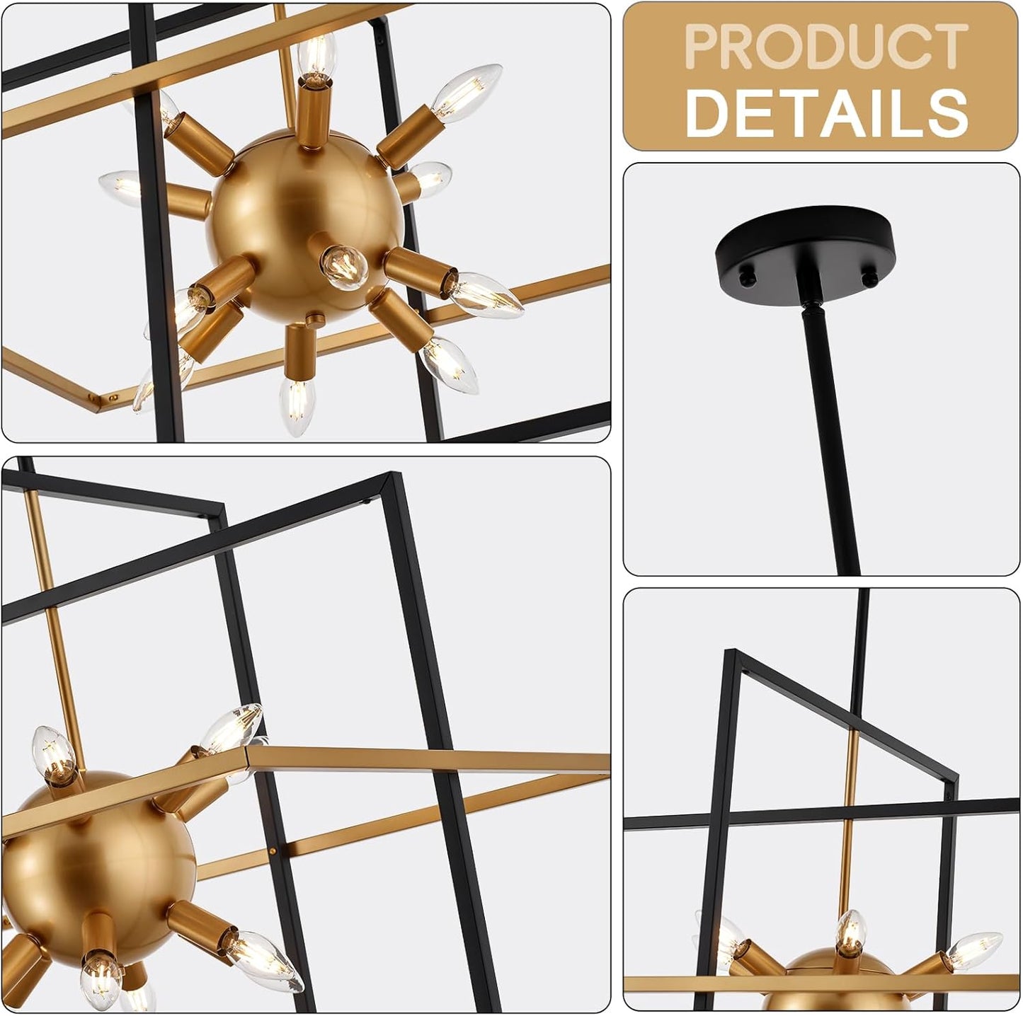 31.5'' Large Modern Lantern Chandeliers, 12-Light Black Gold Geometric Pendant Light Fixture, Industrial Hanging Chandelier for Entryway Foyer Hallway Dining Room, Kitchen Island