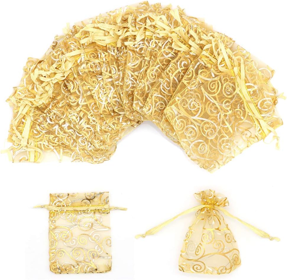 Staruby Organza Gift Bag 100Pcs Gold Sheer Organza Bag Mesh Favor Bags Drawstring Jewelry Rattan Printed Gift Pouches for Wedding Party Favors Couple Shower Christmas Gifts Candy Bags (3x4 Inches)
