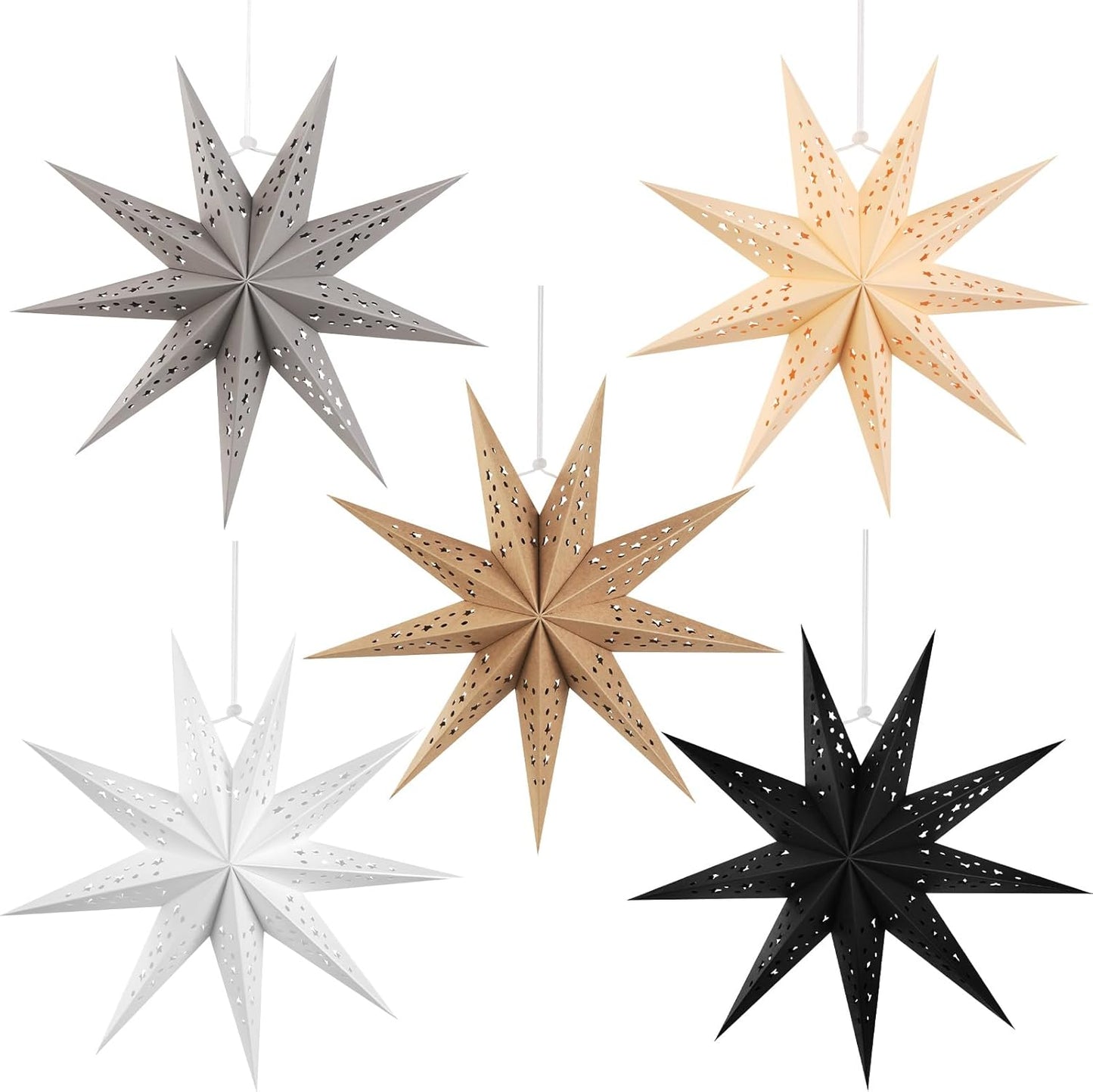 EASY JOY 5pcs 9-Pointed Paper Star Decoration Christmas Party Decorations Hanging Star Decoration Grey Brown Black 12 Inch 3D Paper Star Lantern for Christmas Home Party Wedding Birthday