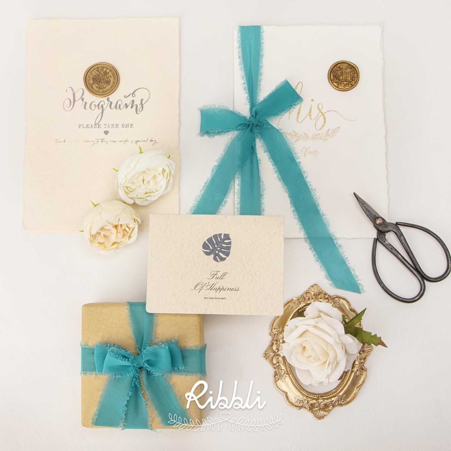 Ribbli Teal Ribbon 1 Inch x 3 Rolls Total 24 Yards Green Handmade Fringe Chiffon Silk Ribbon for Wrapping Wedding Invitations Bridal Bouquets DIY Crafts Home Decor