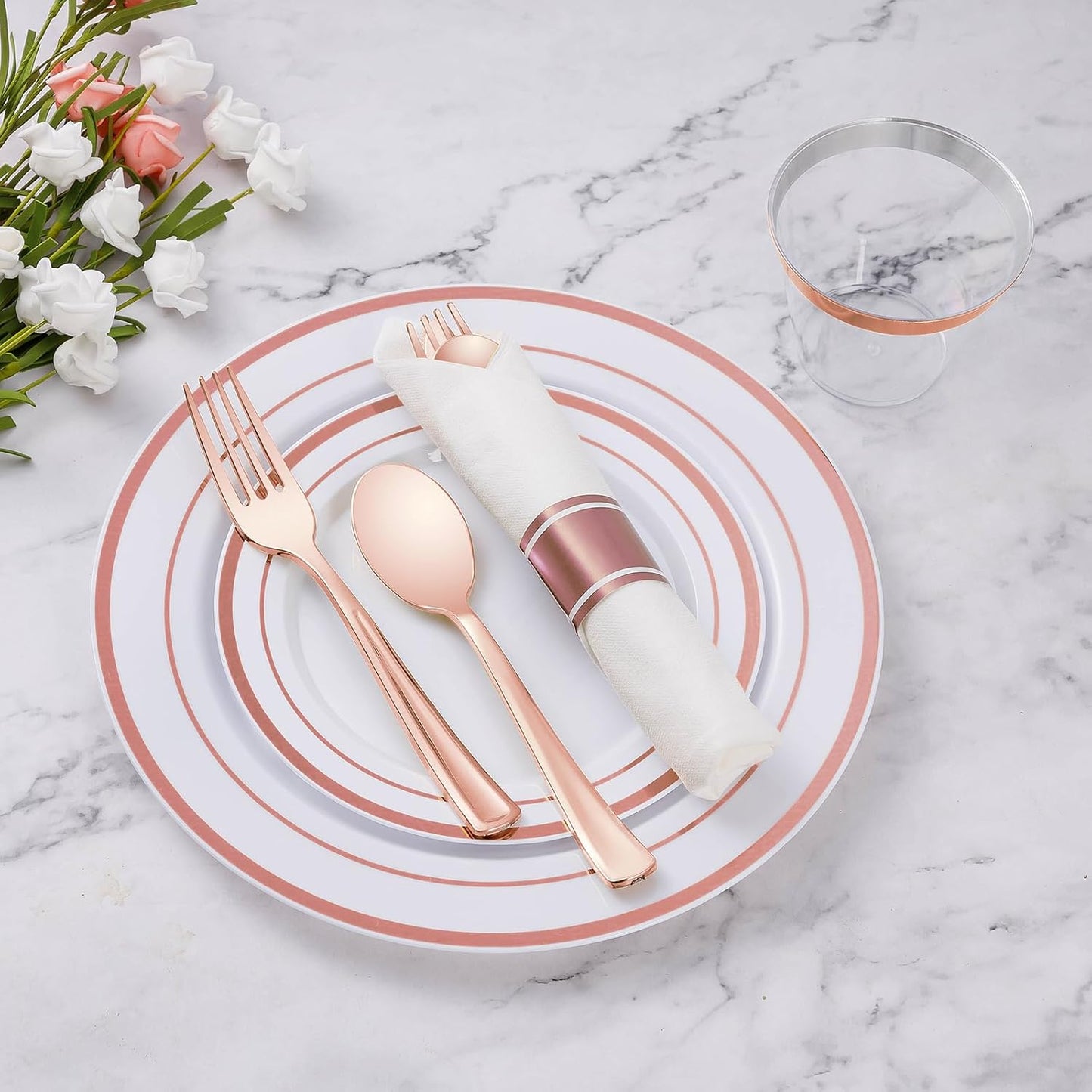 Goodluck 175 Piece Rose Gold Plastic Dinnerware Set for 25 Guests, Fancy Disposable Plates for Party, Include: 25 Dinner Plates, 25 Dessert Plates, 25 Pre Rolled Napkins with Silverware, 25 Cups