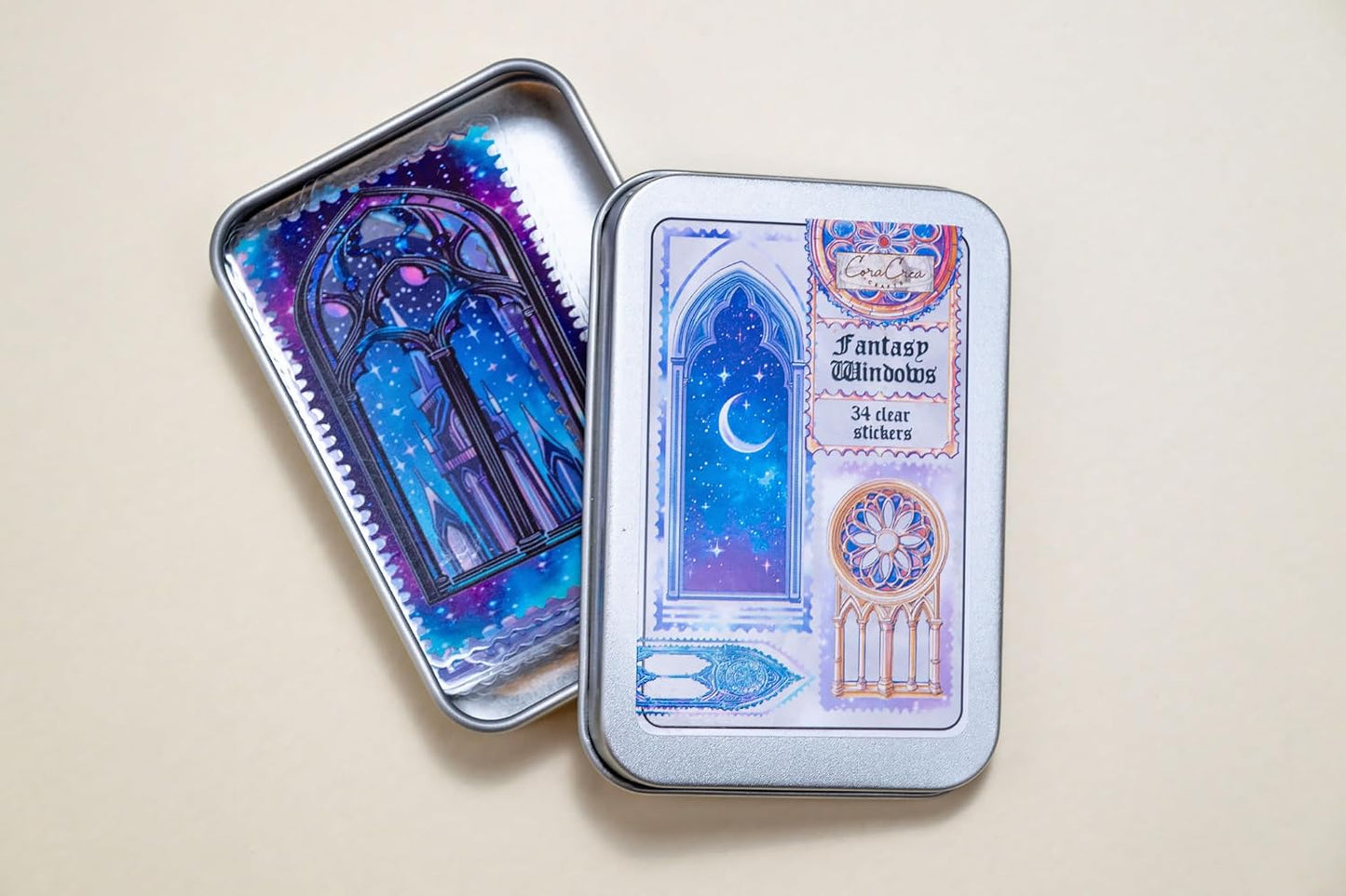 34 Pcs Fantasy Windows Sticker Set with Collectible Tin Box – Vintage Inspired Scrapbooking Stickers for Journals, Planners, Cards, DIY Crafts, Collage, Decorative Stationery & Creative Projects