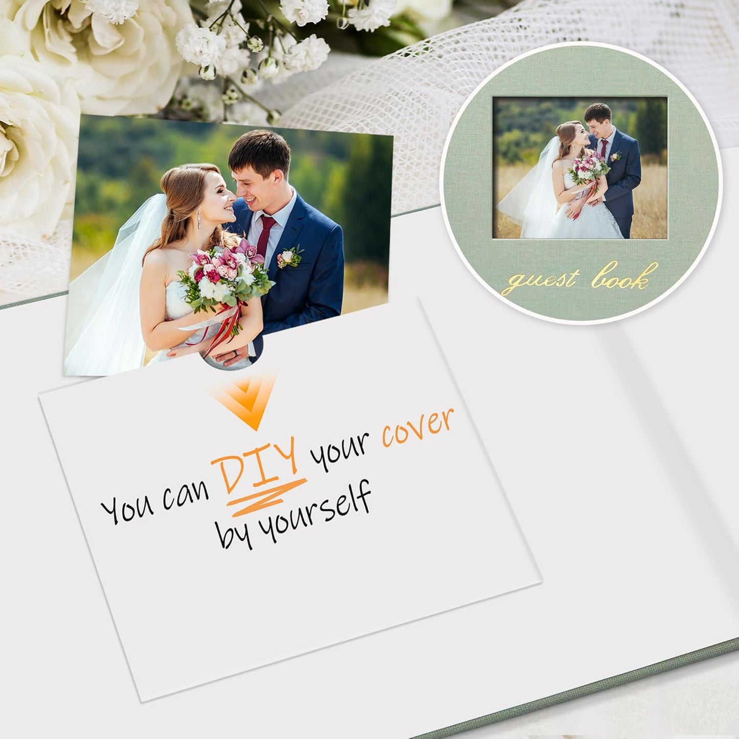 SUNEE Wedding Guest Book - Polaroid Guest Book Weddings Reception, Linen Cover 7" x 9" Guest Book for Baby Shower, Birthdays and Special Events, 100 Blank Pages for Wedding Sign in and Photos, Green