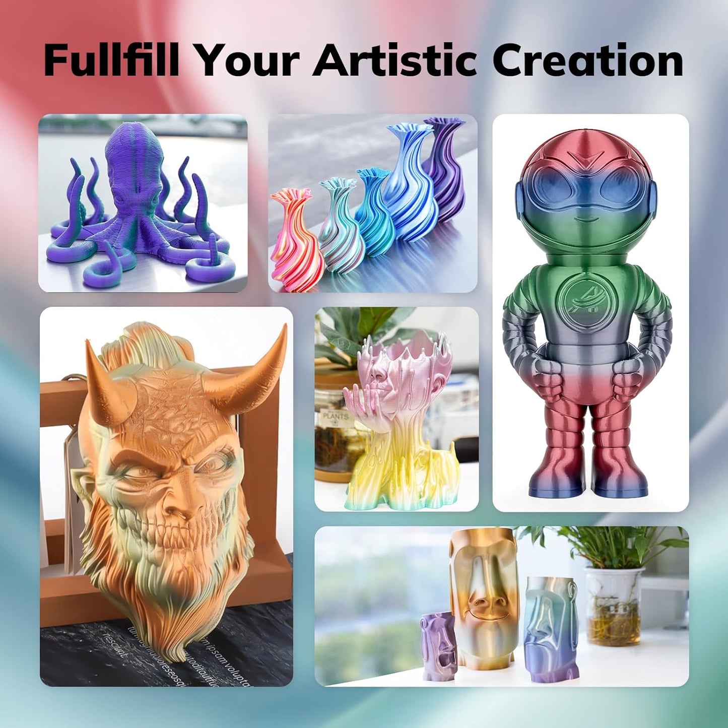 AMOLEN Silk PLA 3D Printer Filament, Shiny Multicolor Christmas Rainbow PLA Filament 1.75mm, Gradient Color Change PLA 3D Printing Filament for Most FDM 3D Printer, Red Blue Green Grey, 1kg (2.2lbs)