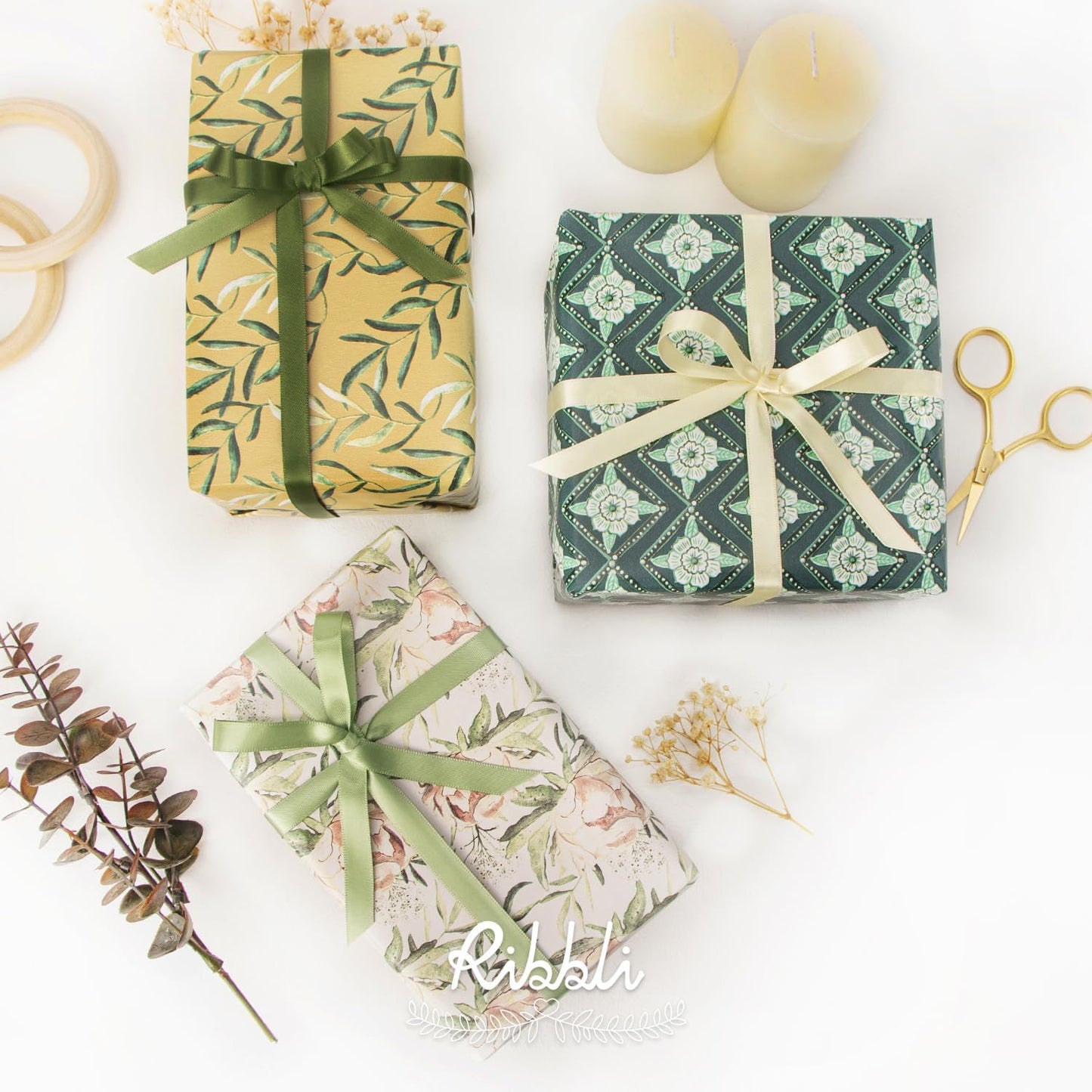 Ribbli Sage Green Satin Ribbon 3/8 Inch x 4 Rolls Total 40 Yards- Ivory/Sage/Dusty Sage/Moss Green Ribbon for Wrapping and Craft