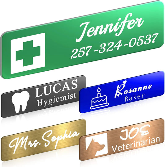 Custom Engrave Name Tag Badges Personalized Magnetic Name Badges with Logo Customize Metal ID Work Tags with Pin Backing Name Tag for Nurses Uniforms Employees Staff