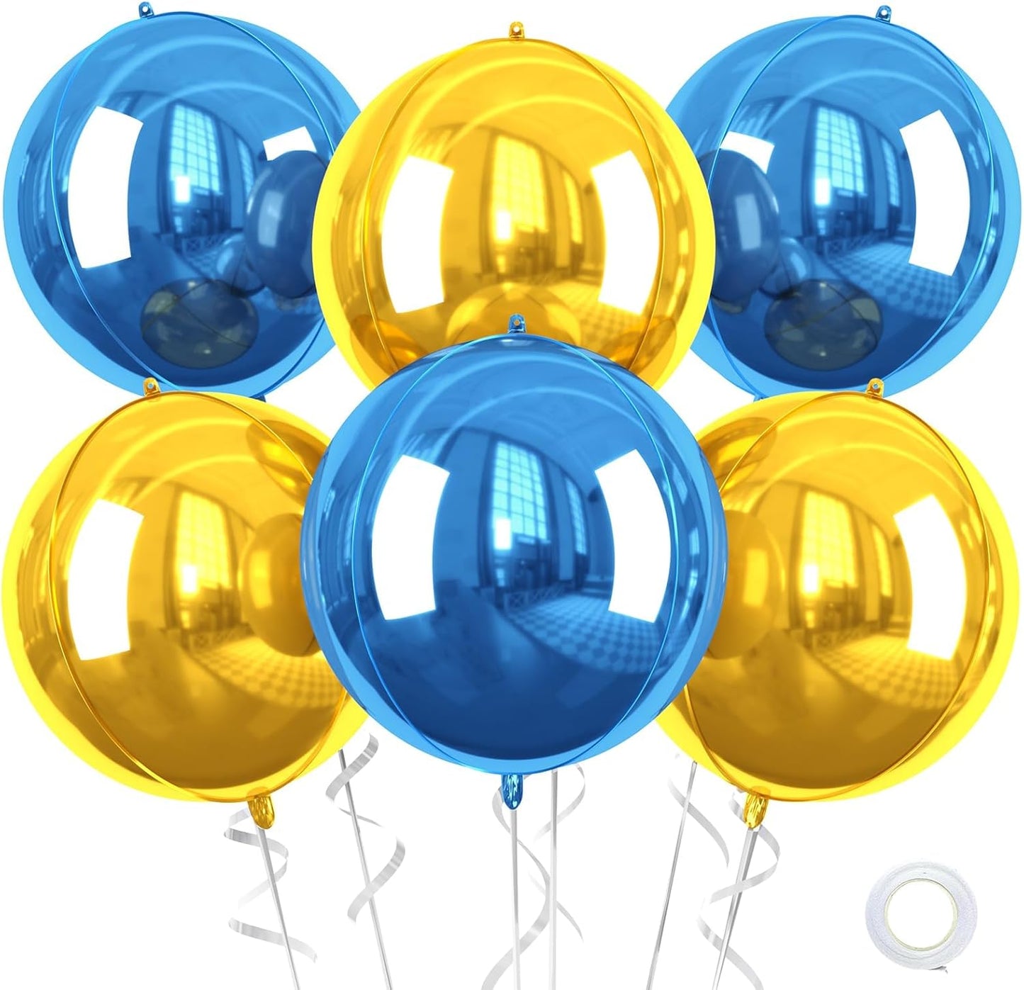 Blue Gold Giant 4D Foil Balloons, 6 Pcs Large Metallic Blue and Gold Round Balloons, 22 Inch Big Round Foil Balloon for Graduation Prom Birthday Party Baby Shower Decorations